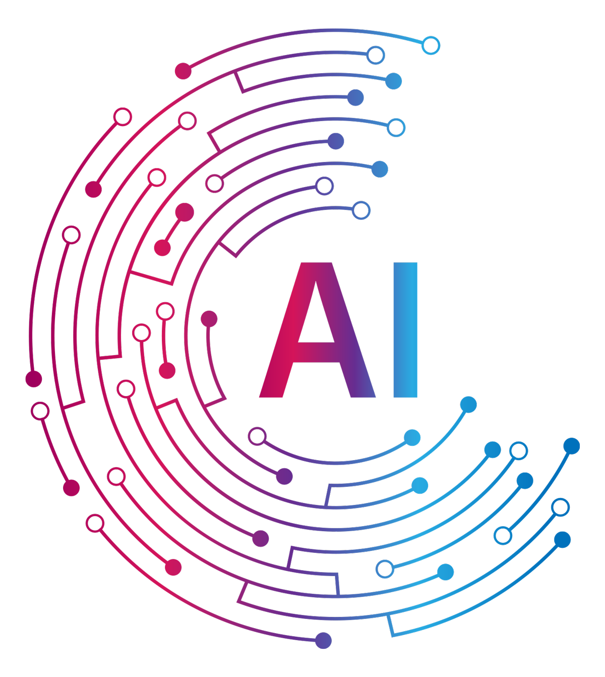 Abstract circuit-like design with the letters 'AI' in gradient color.