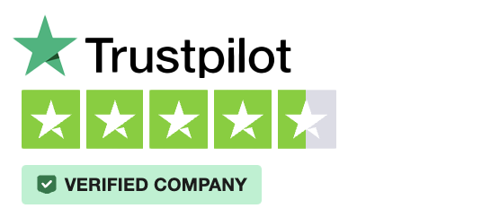 Trustpilot logo with a 4.5-star rating, showing four full stars and one half star, with text 'VERIFIED COMPANY' below.