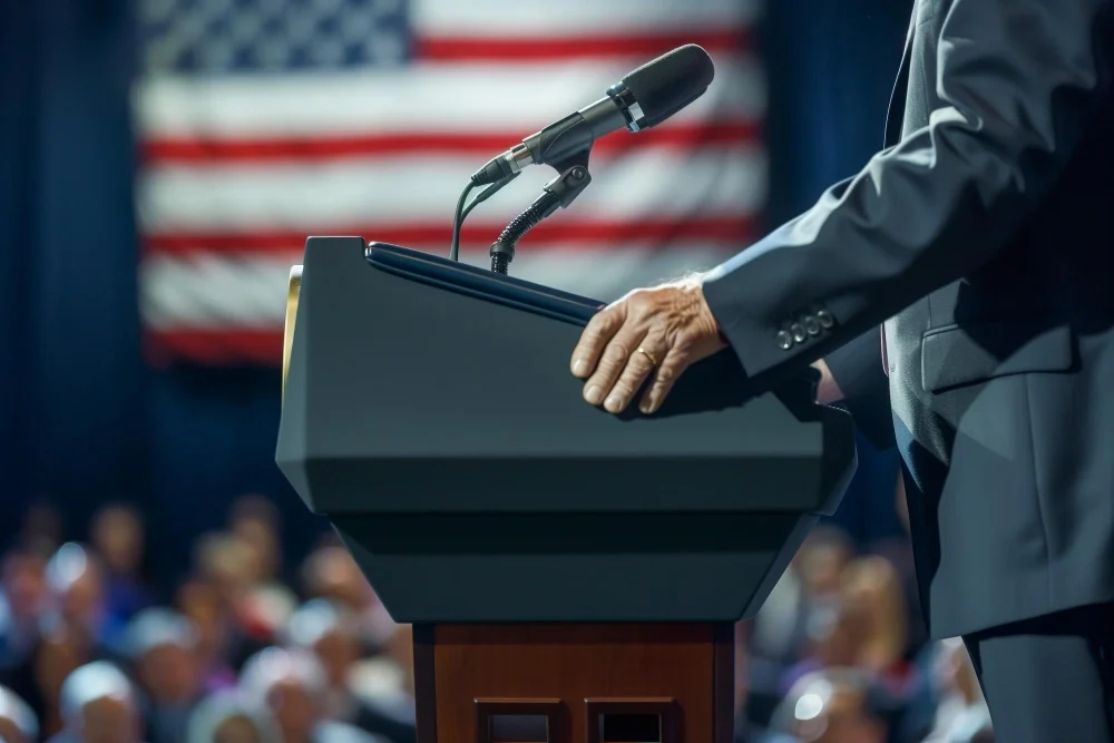 Politcal figure at podium speaking