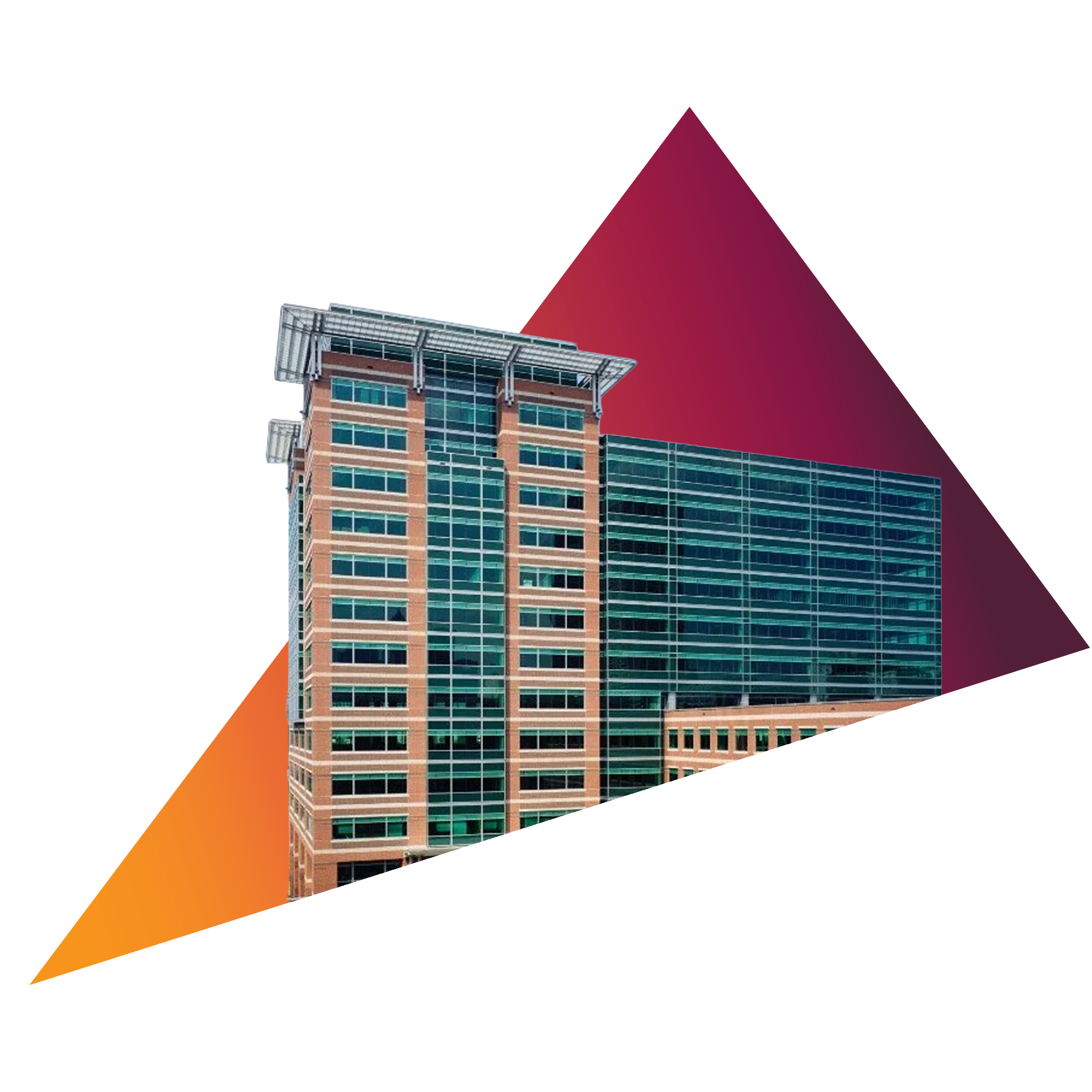 A modern high-rise building with glass exterior and brick accents, set against a colorful background with geometric shapes.