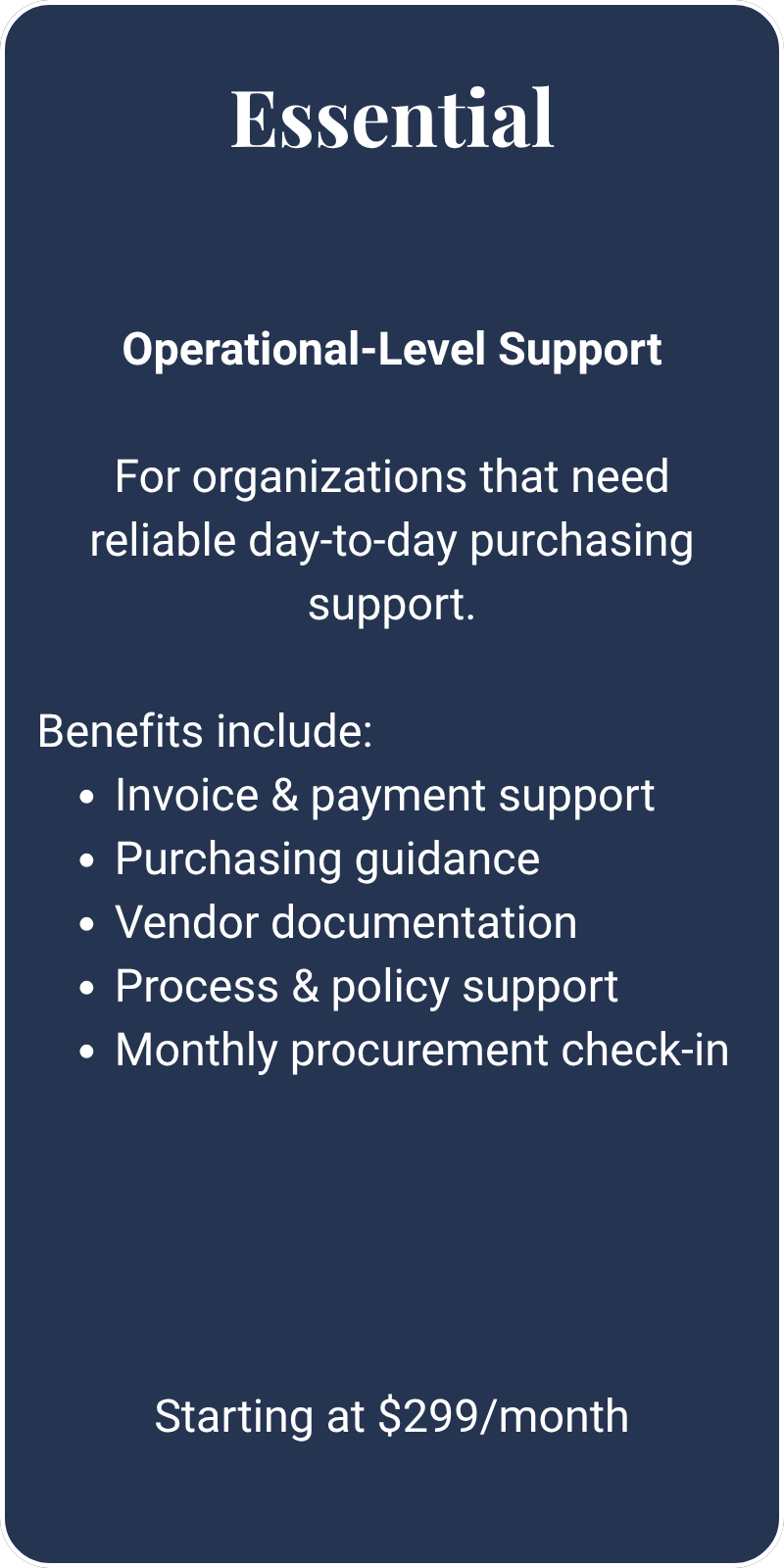 An informational flyer with a dark blue background and white text promoting a product called 'Essential Operational-Level Support,' including features and starting price.