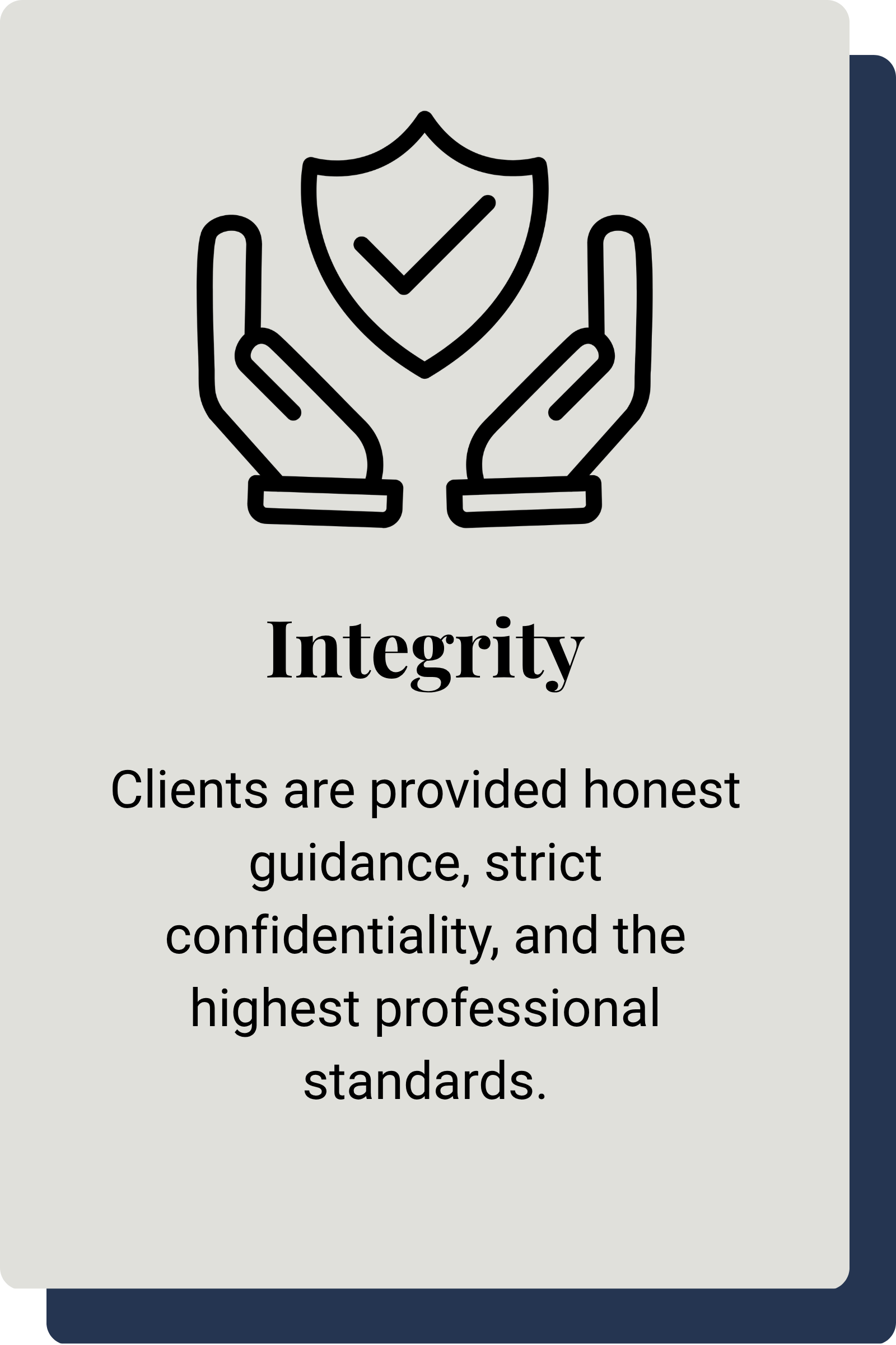 Outline of two hands holding a shield with a check mark inside, representing integrity.