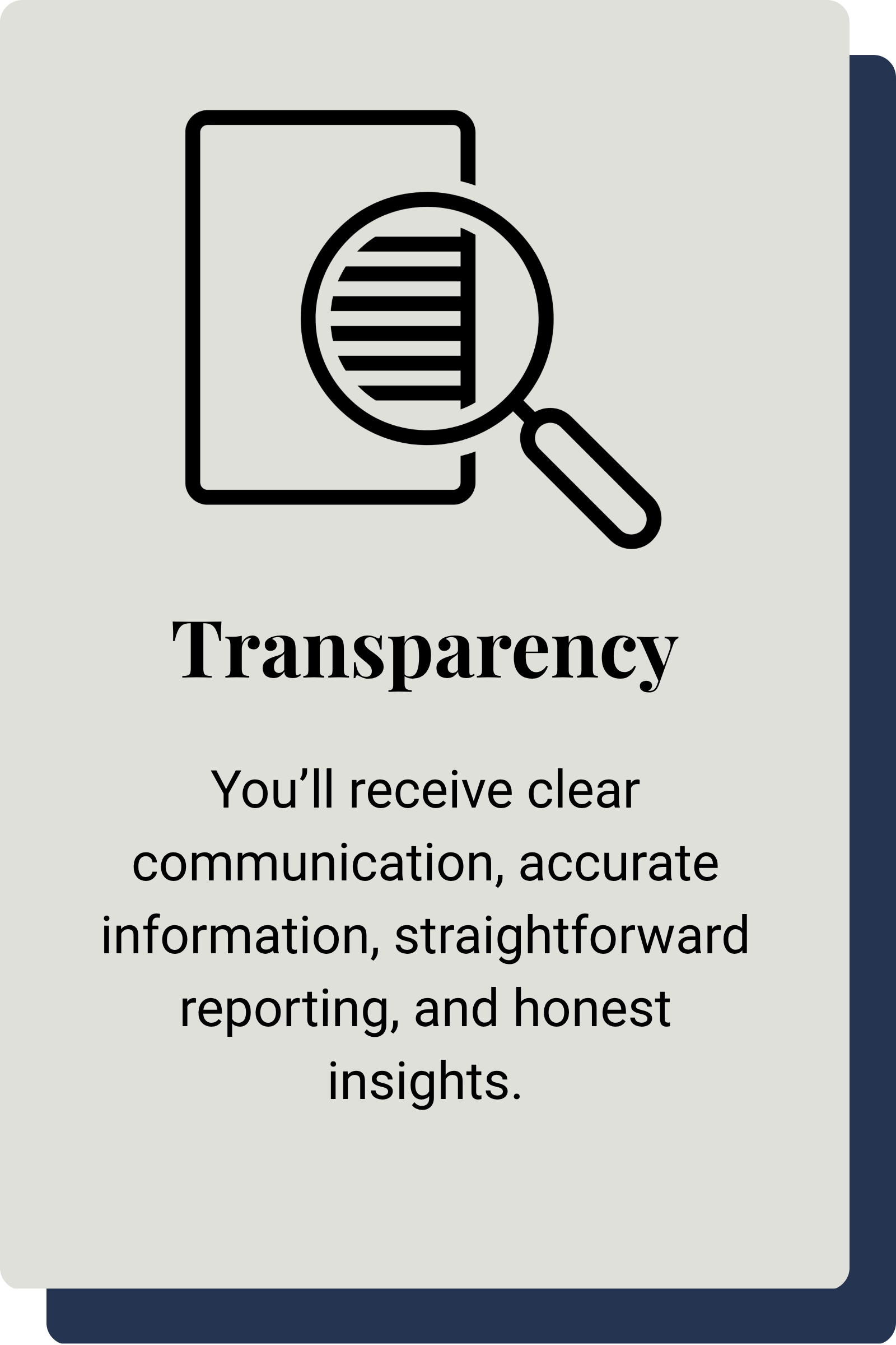 A graphic icon of a smartphone with a magnifying glass focusing on a DNA strand, accompanied by the word 'Transparency' and text about clear, honest communication and reporting.