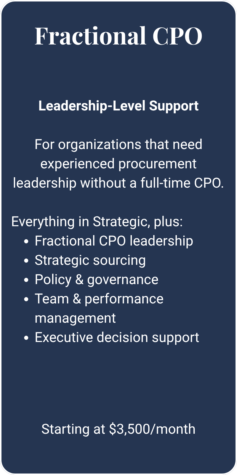A promotional flyer for fractional CPO leadership-level support services, highlighting strategic sourcing, policy and governance, team management, and executive decision support, starting at $3,500 per month.