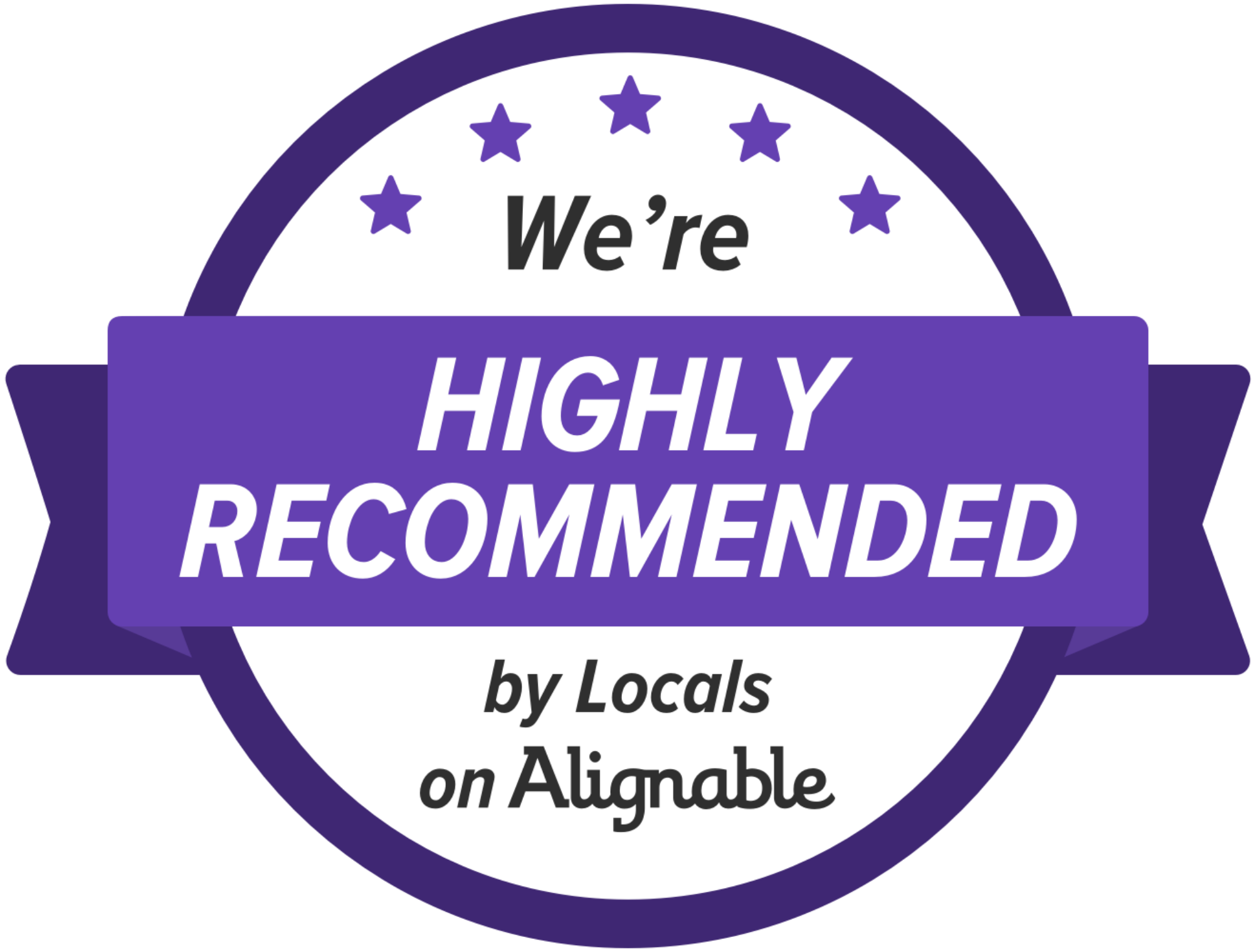 A badge with a purple border and a white center, featuring purple stars along the top arc. The text reads: 'We're HIGHLY RECOMMENDED by Locals on Alignable'.