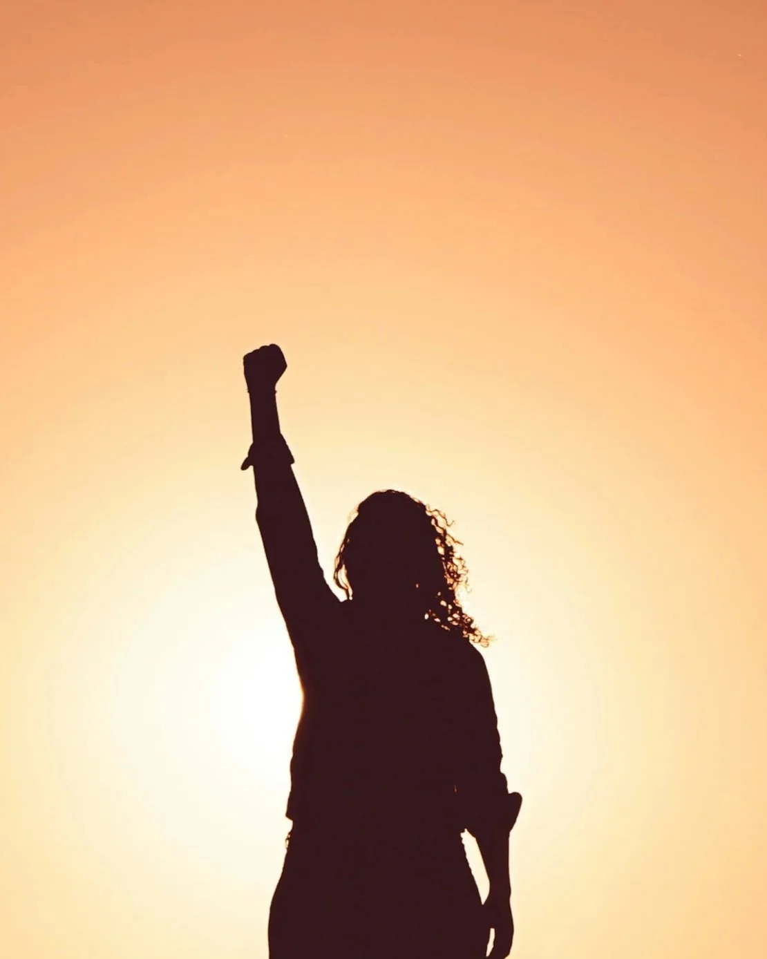 Silhouette of a woman with curly hair raising her fist against a sunset background.