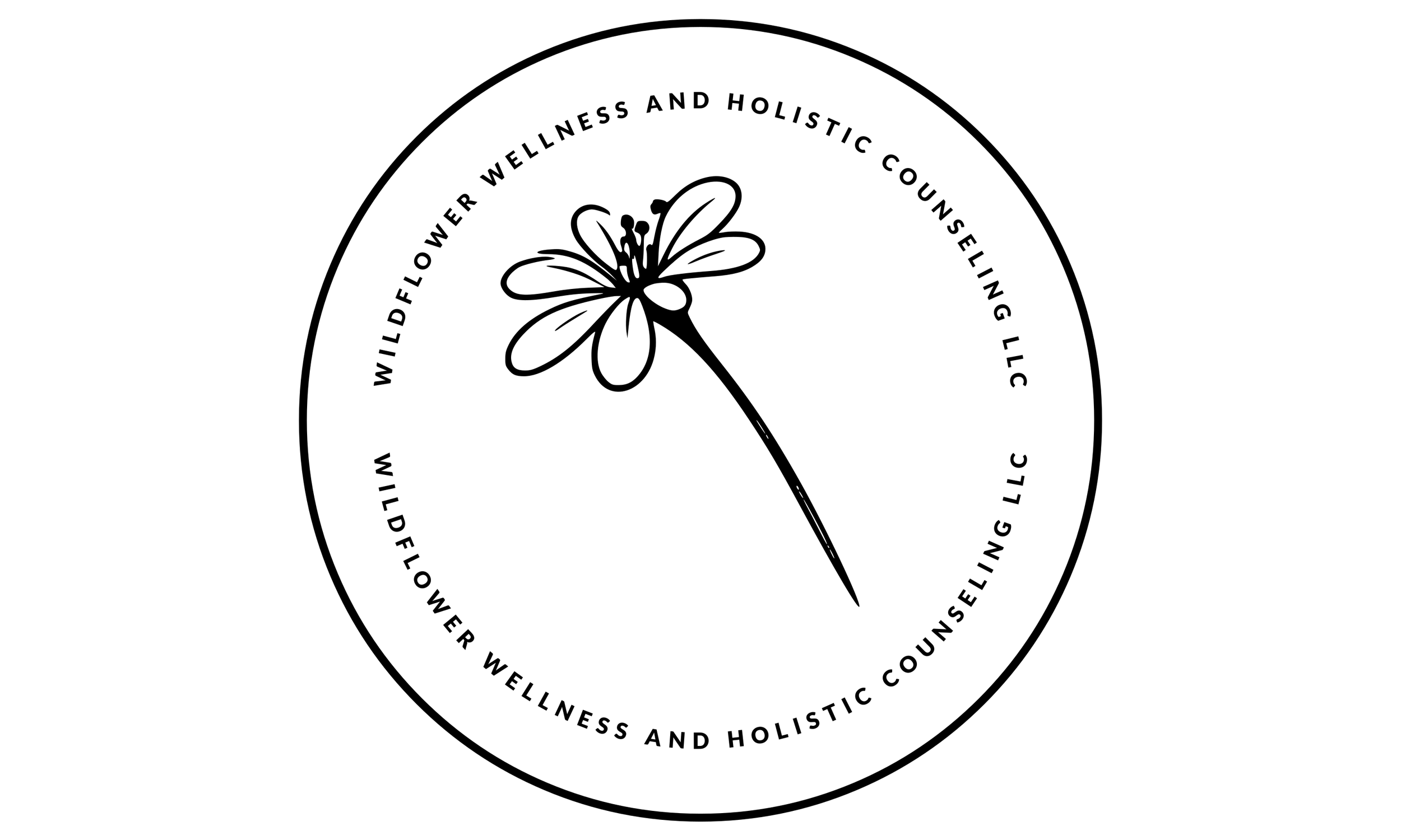 Black and white logo featuring a flower with a long stem inside a circle. The circle has the text 'WILDFLOWER WELLNESS AND HOLISTIC COUNSELLING LLC' written around its border.