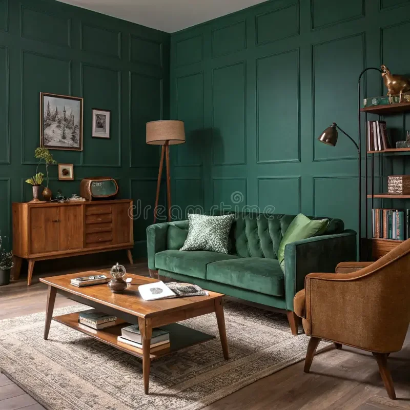 Living room with dark green paneled walls, a green velvet tufted sofa with green and patterned pillows, a wooden coffee table with books and decorative items, a wooden sideboard with a plant and framed pictures, a tall wooden floor lamp, a brown armchair, and a metal bookcase with books and decorative items.