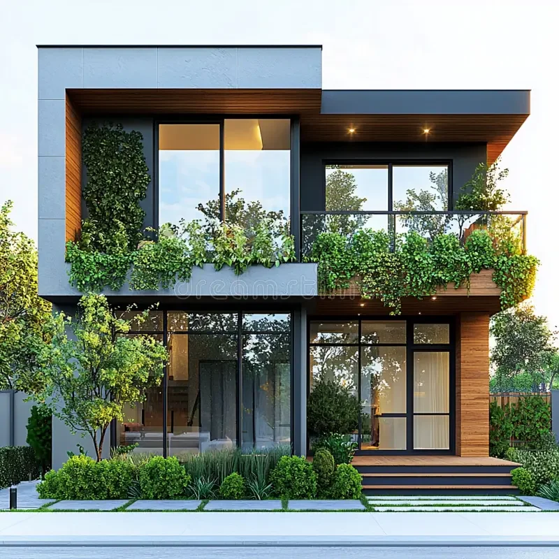Modern two-story house with large glass windows, wooden accents, and lush green plants on the balcony and yard.