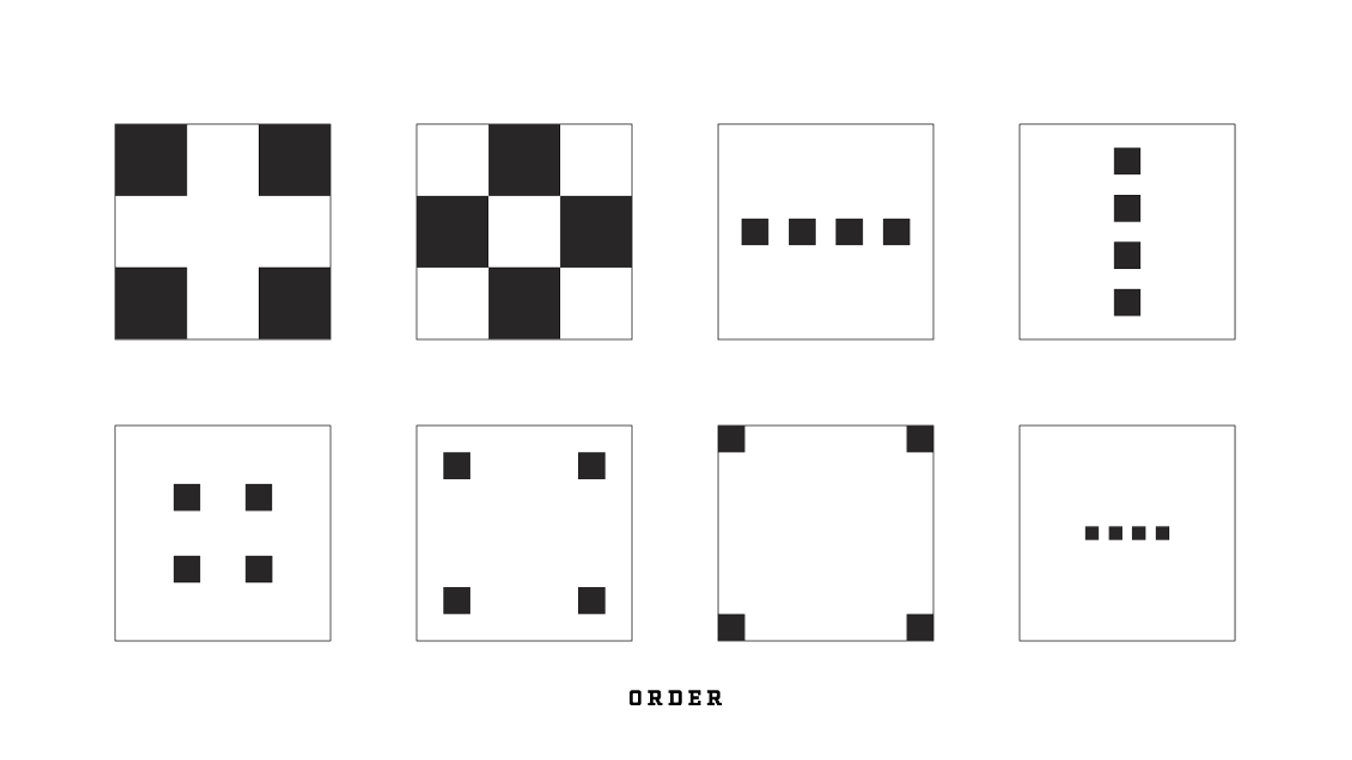 さまざまなモノクロの図形と配列のカードが並び、その下に「ORDER」という文字があります。