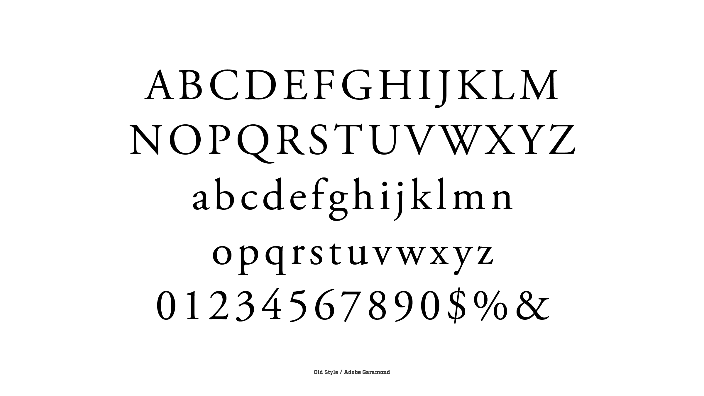大文字と小文字のアルファベット、数字と記号が表示されたフォントサンプル。フォントの名前は 'Old Style / Adobe Garamond' と記載されている。