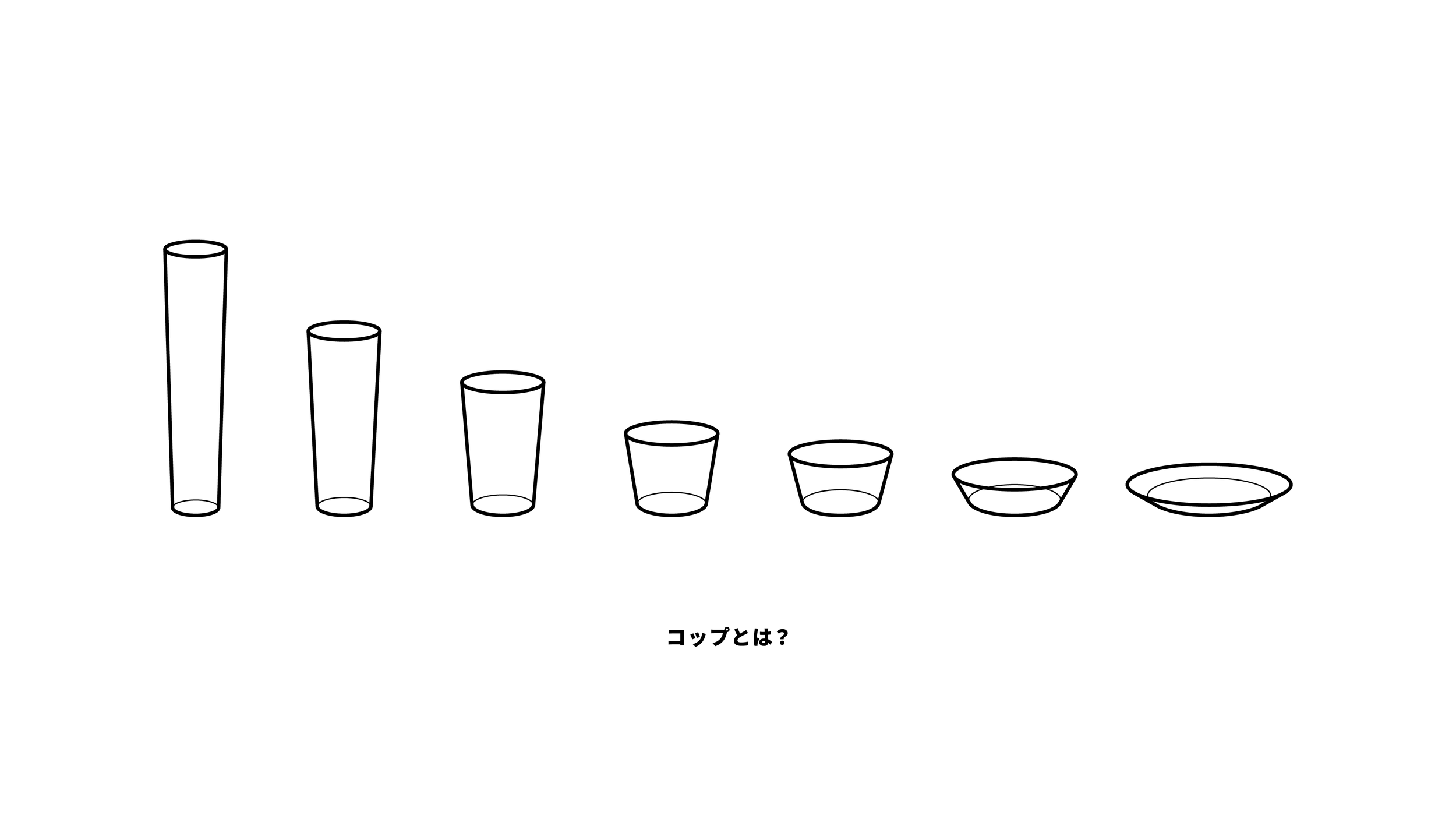 さまざまな高さと形状のカップが横に並んでいる線画のイラスト。