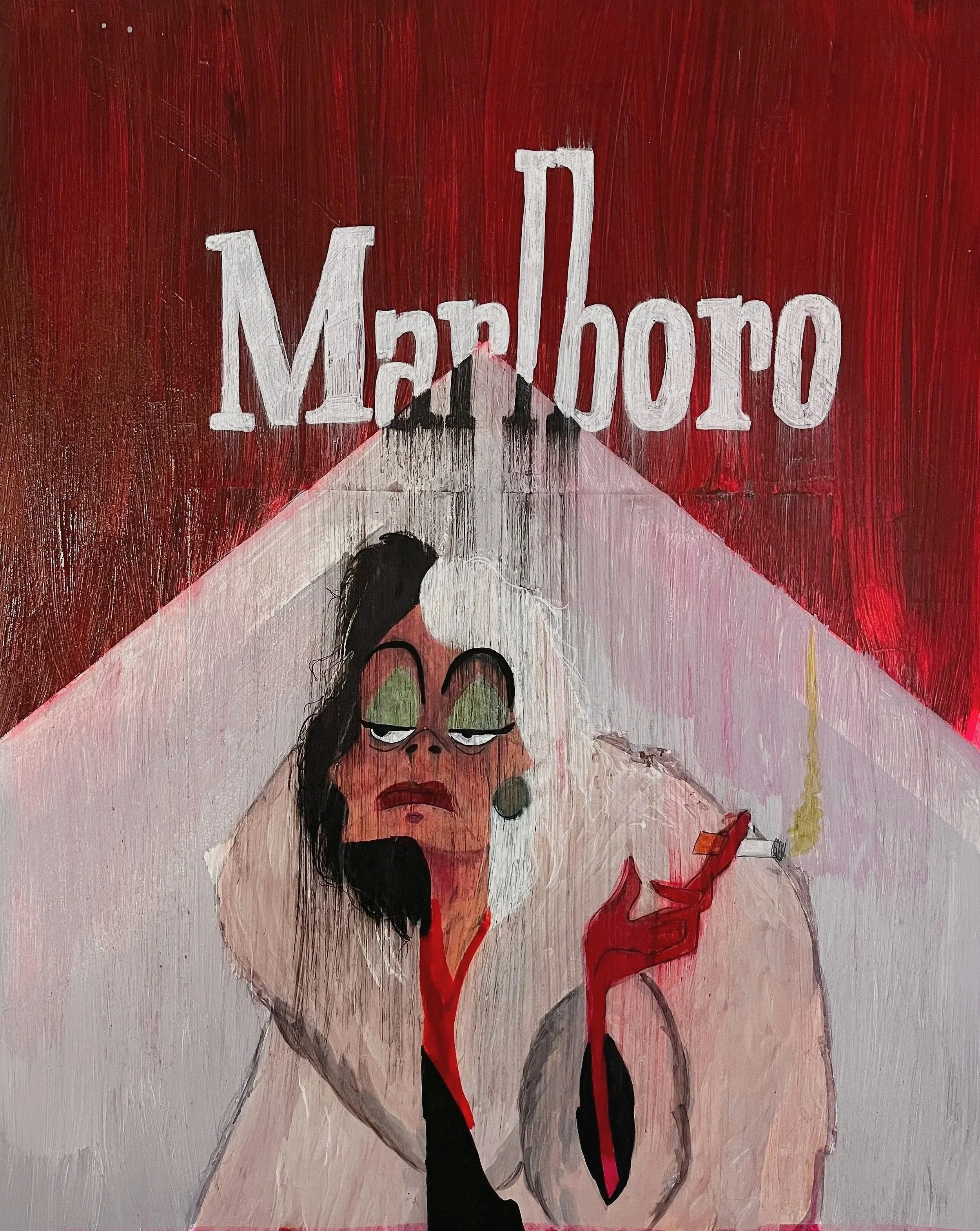 Painting of Disney's Cruella DeVille smoking a cigarette, on a Marlboro packaging background