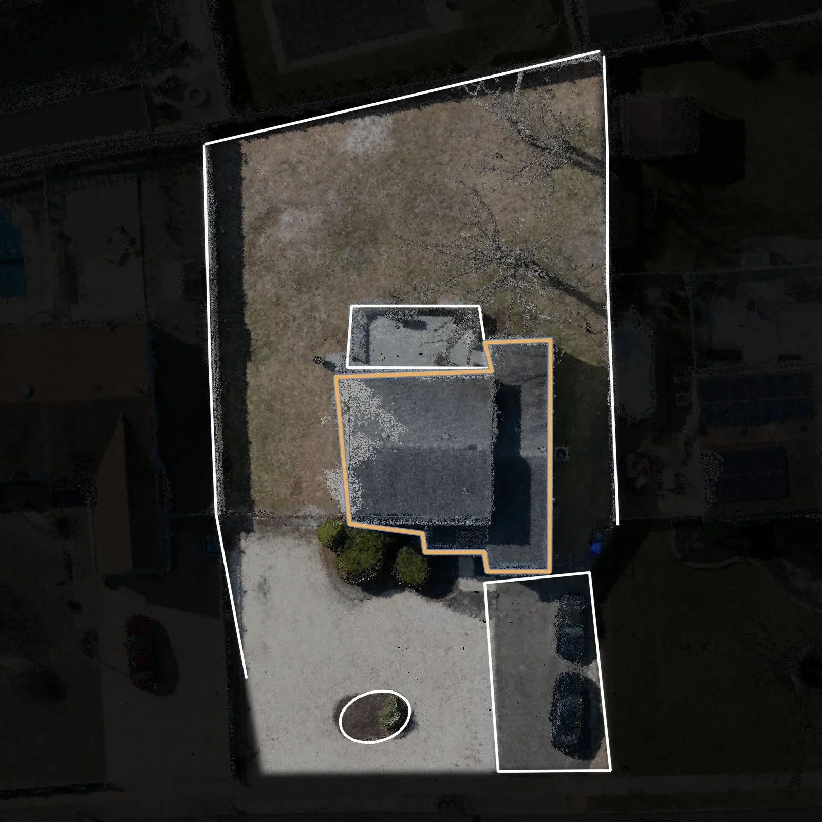 CAD linework of a house, deck, driveway and fence lines drafted over a drone image of a home lot in Toms River, NJ