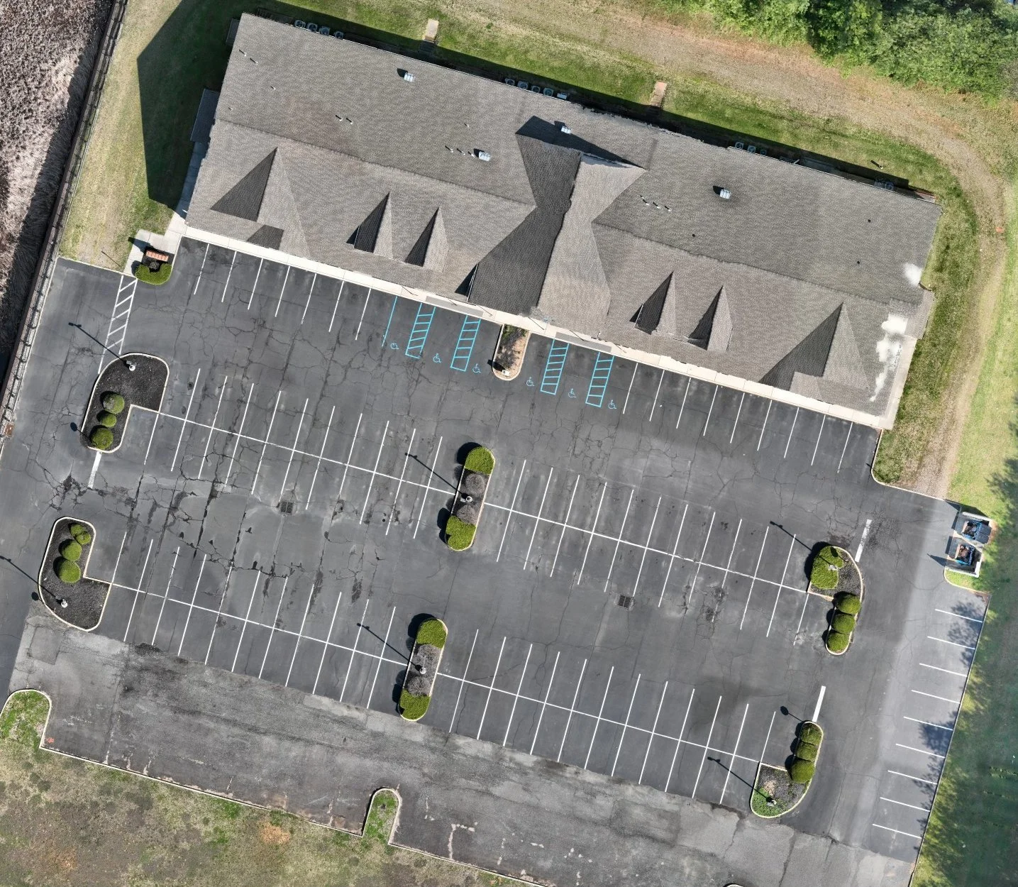 North building and its parking, close up