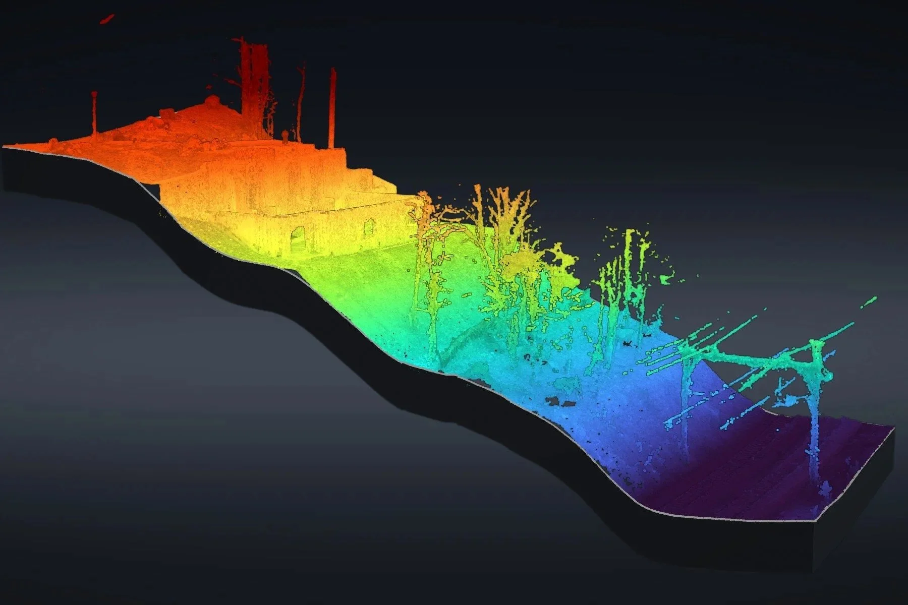 The whole hillside colored by height, from the street down to the rail line