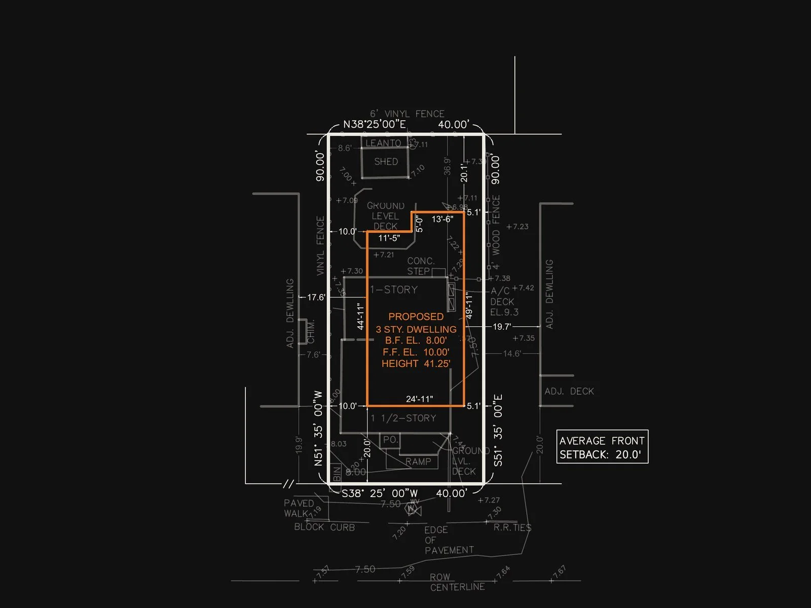 Before construction: what was on the lot, with the proposed house in orange