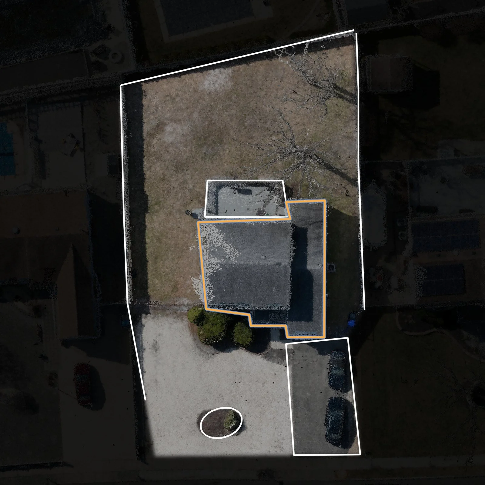 House, deck, driveway, planters and fence lines drafted over the lot