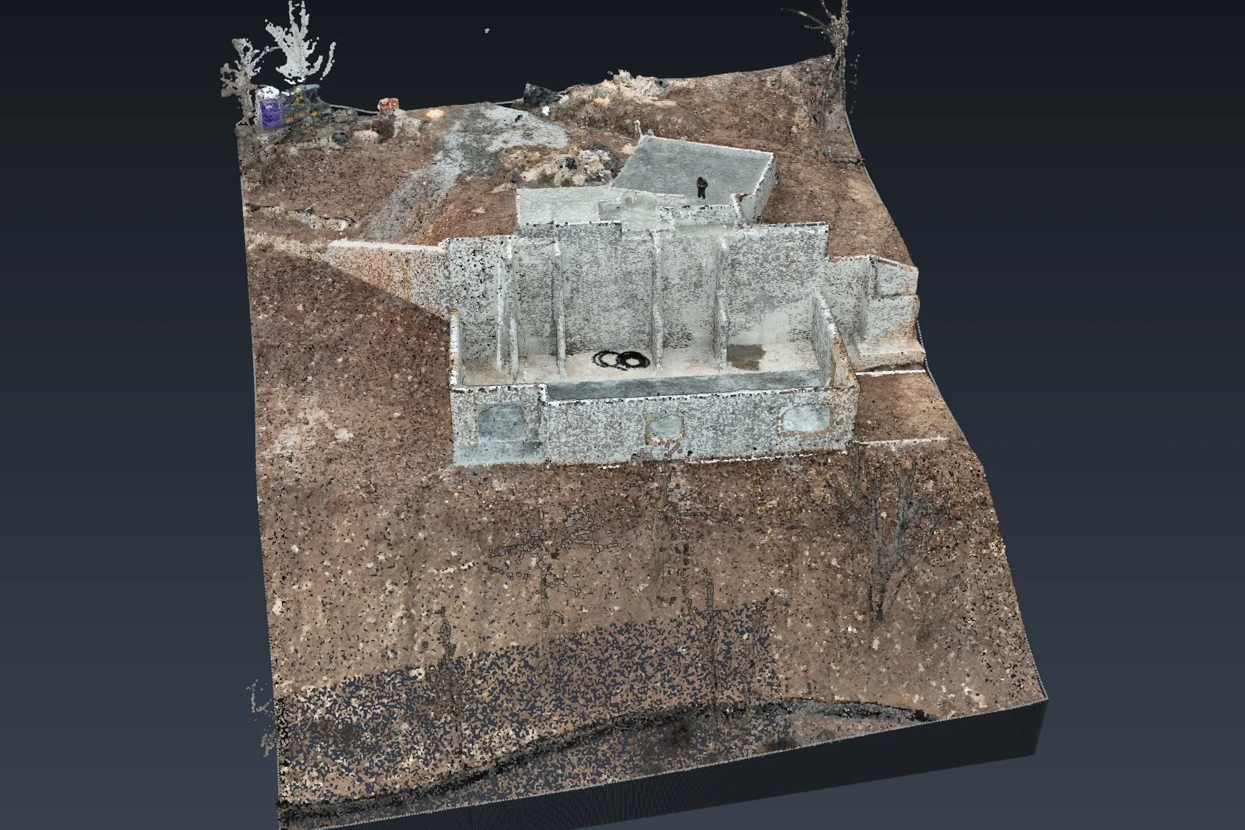 The new foundation in 3D, sitting on the hillside, rebuilt from the flight