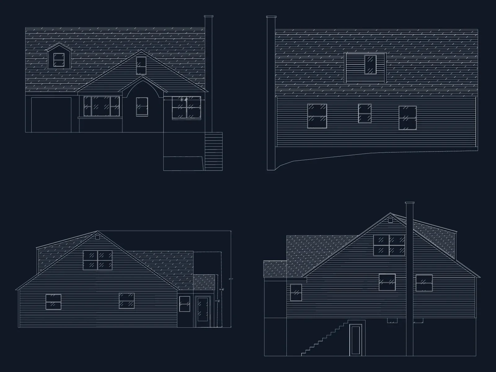 Four exterior elevations of a house in Palisades Park, NJ, drawn from drone photos
