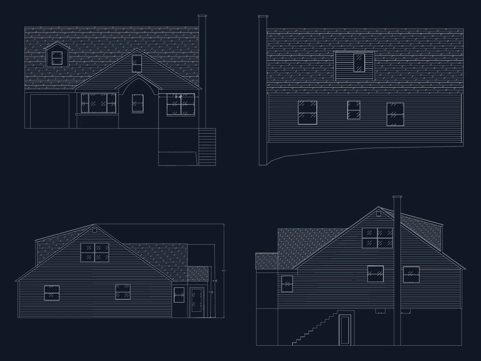 All four exterior elevations, drawn from the photos