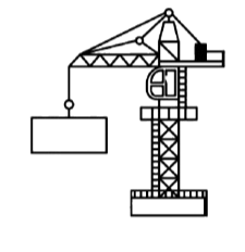 Line drawing of a construction crane lifting a rectangular object.