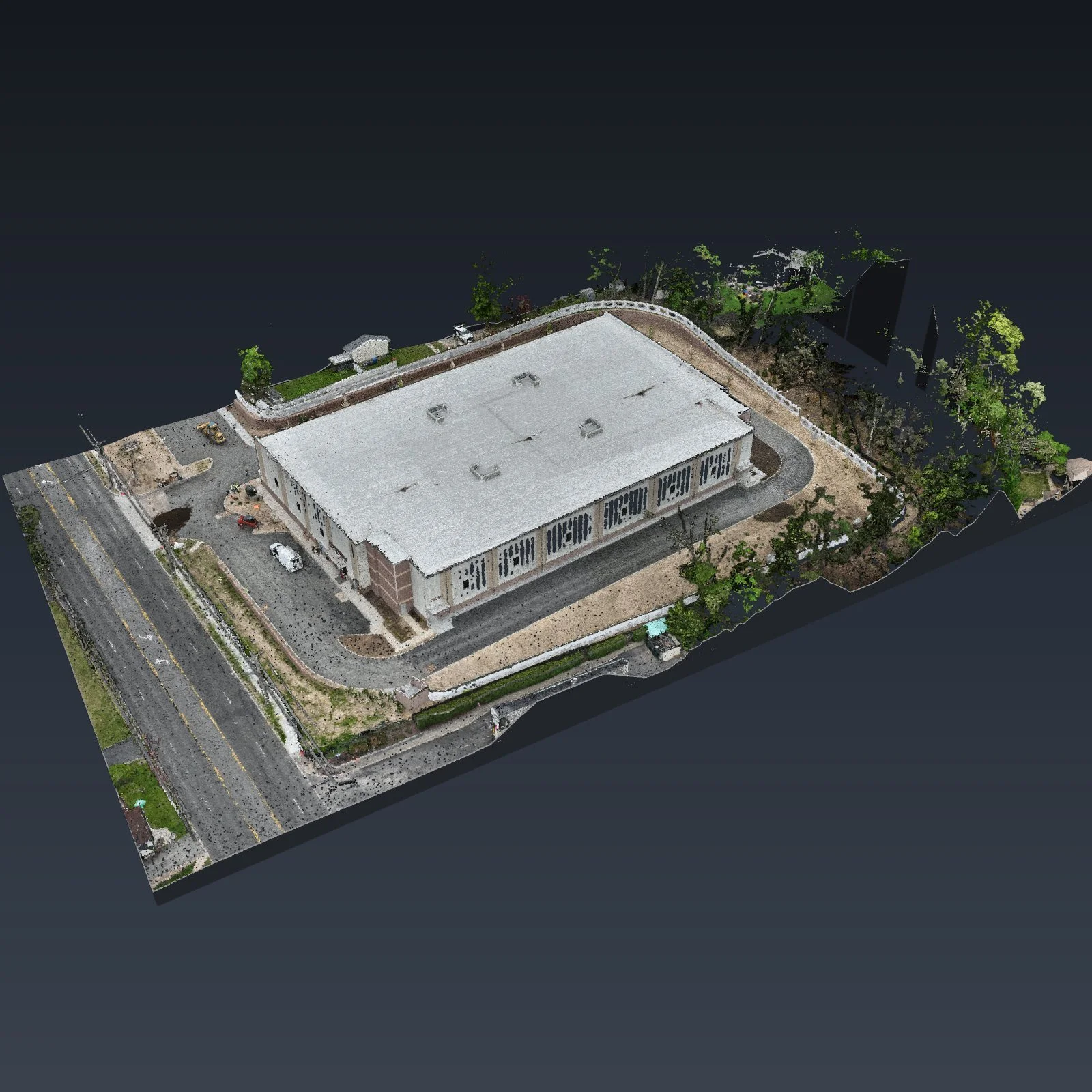The site in 3D: the building, the loop drive and the grades around it