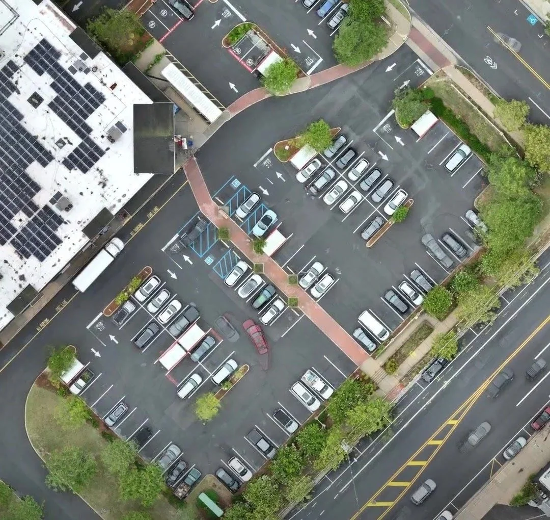 Drone photo of a busy commercial parking lot in Ocean City, NJ