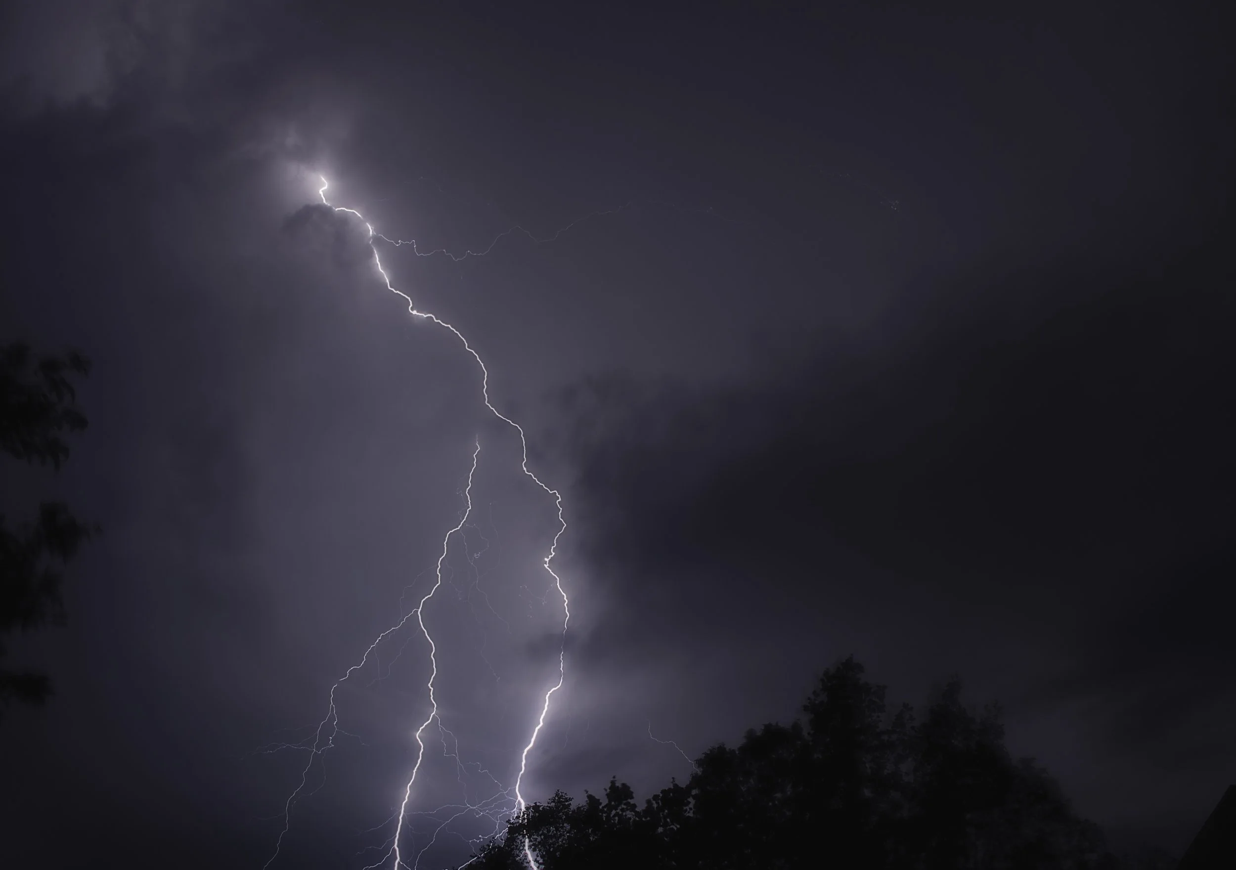 Lightning storm in the night sky with dark clouds and silhouetted trees below.