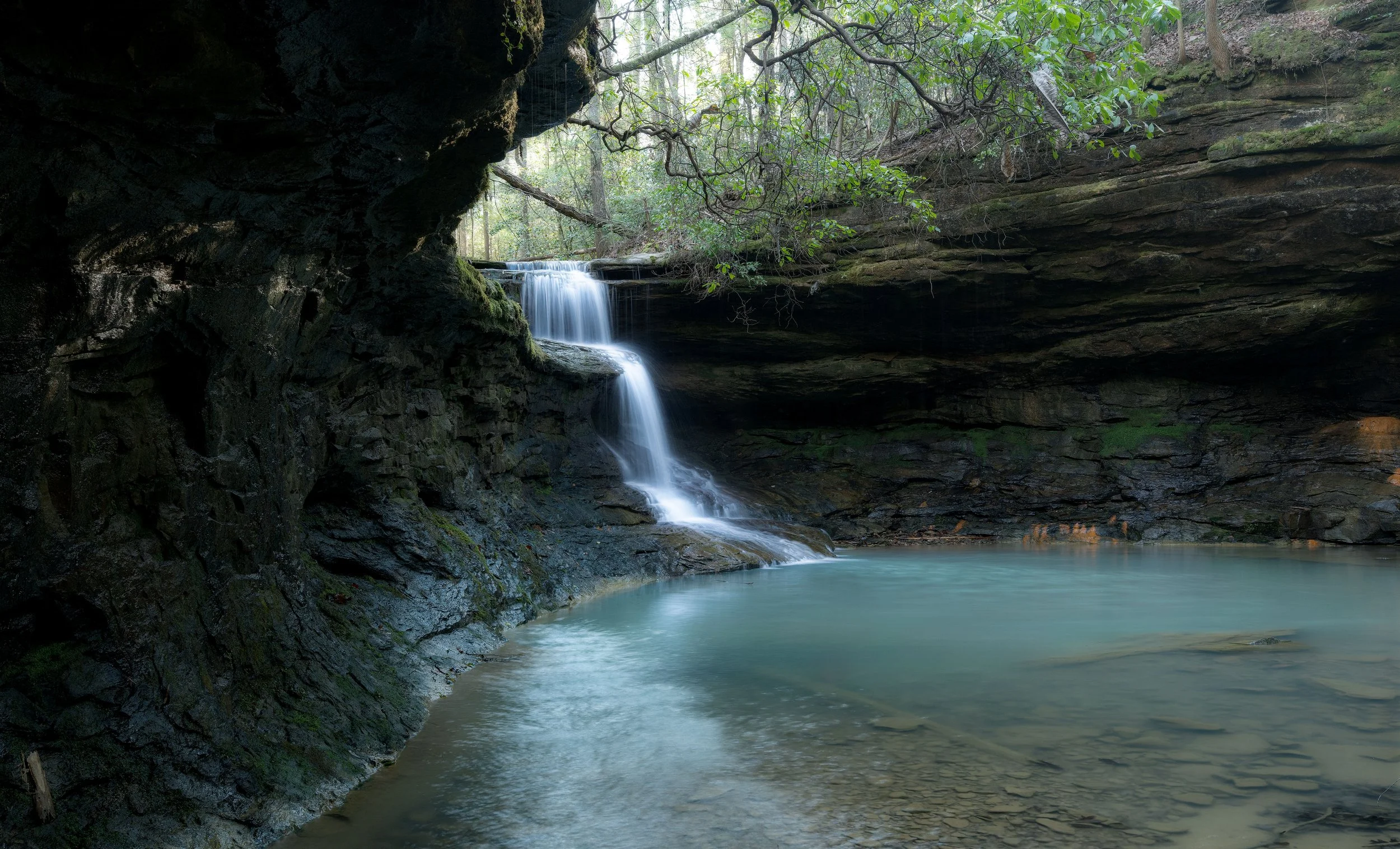 Small waterfall flowing into a creek in a forested area, with rocky formations and green trees around.