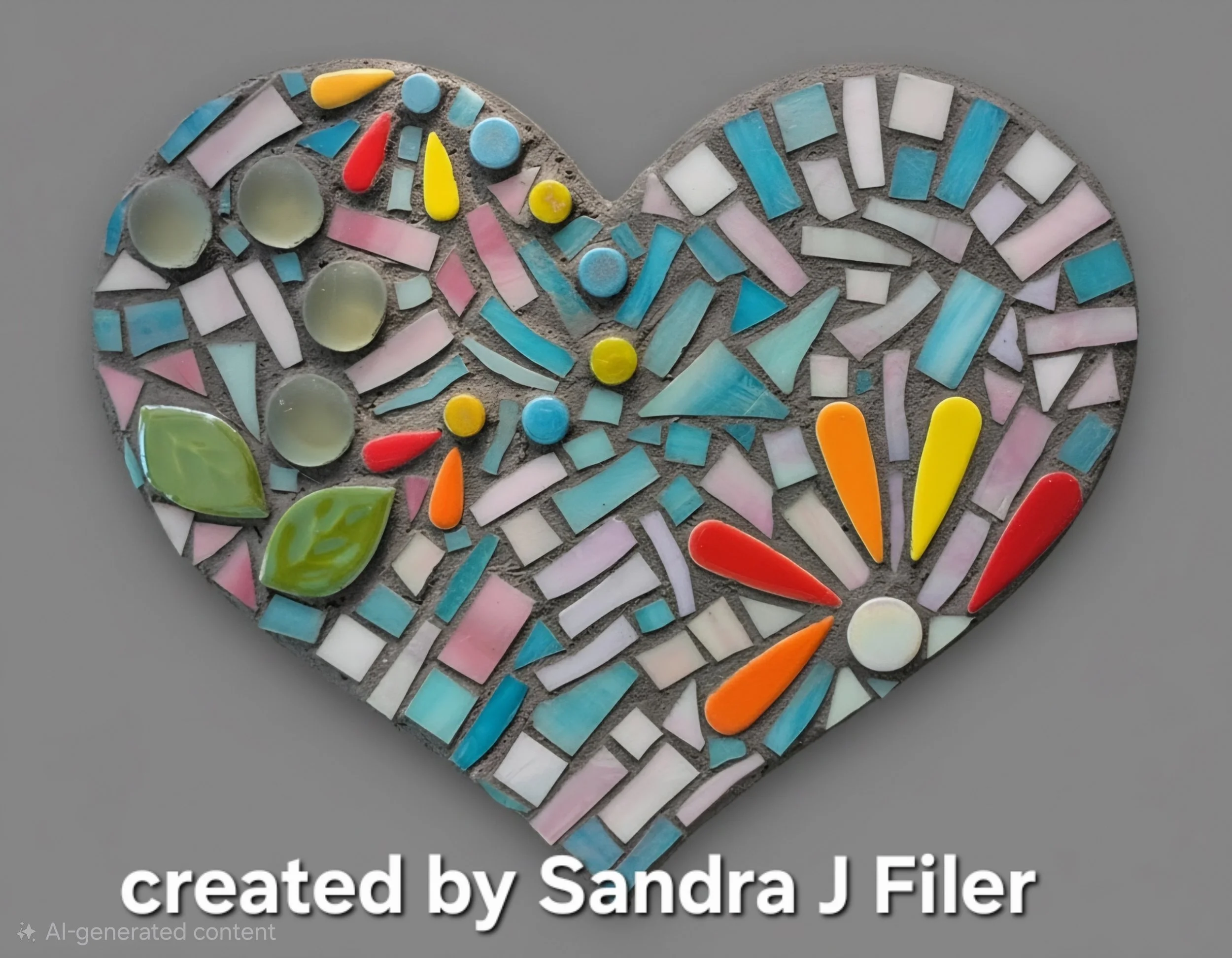 A heart-shaped mosaic art piece made of colorful glass pieces on a gray background.