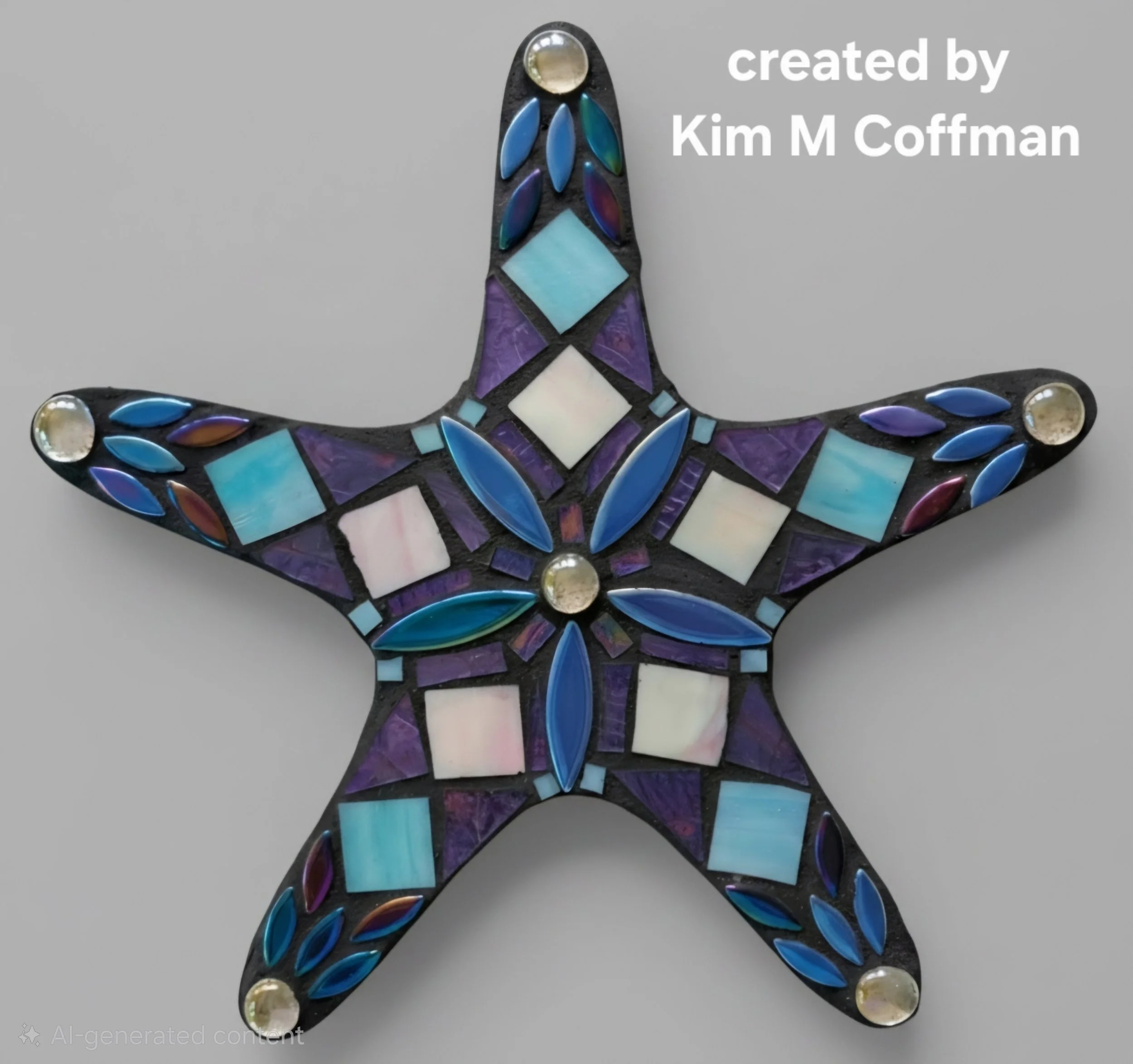 Colorful mosaic star-shaped ornament with iridescent blue, purple, and turquoise tiles on a gray background, with text overlay 'created by Kim M Coffman'.