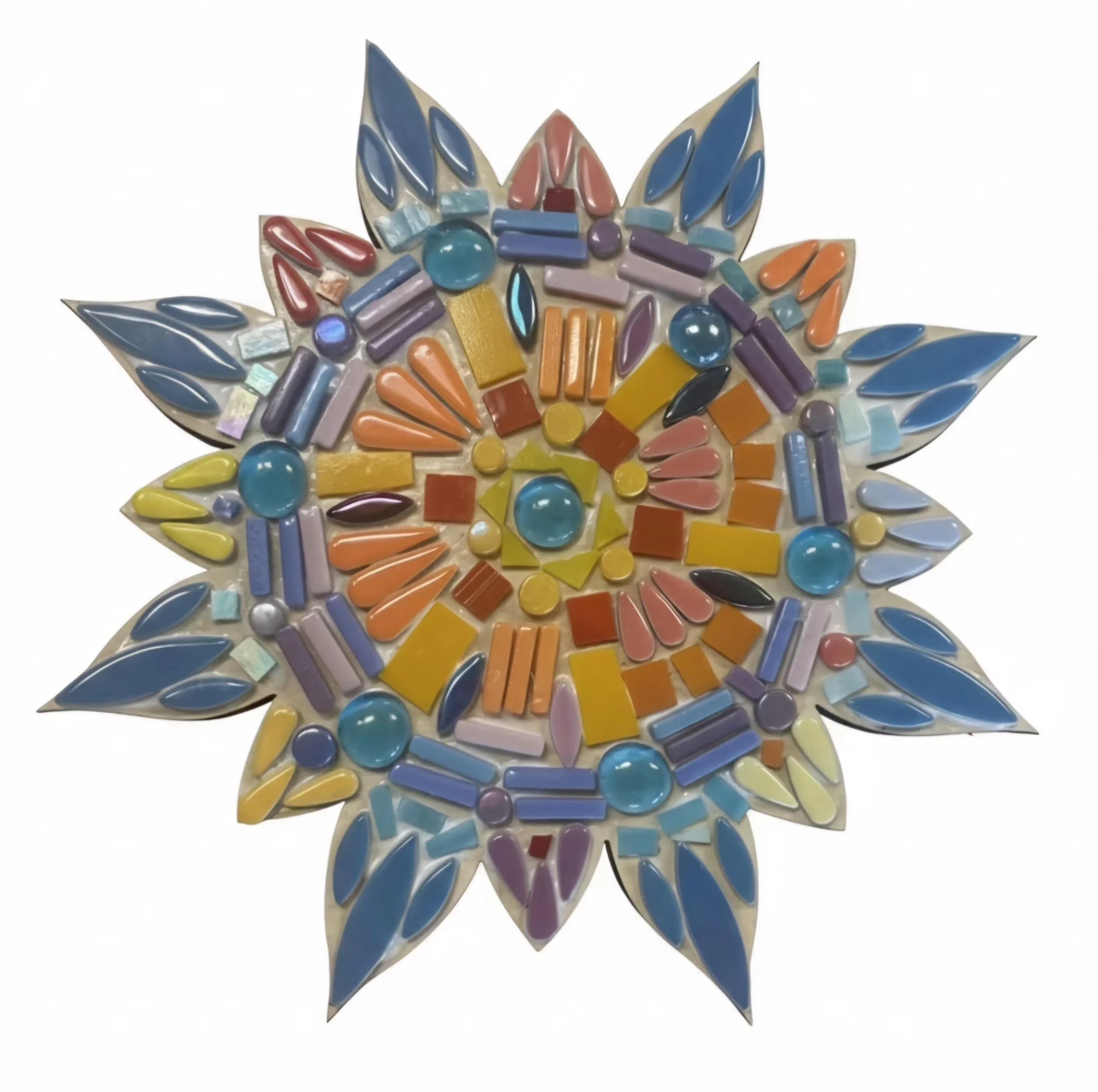 Colorful mosaic star with blue, purple, yellow, orange, and pink glass pieces arranged in a decorative pattern.