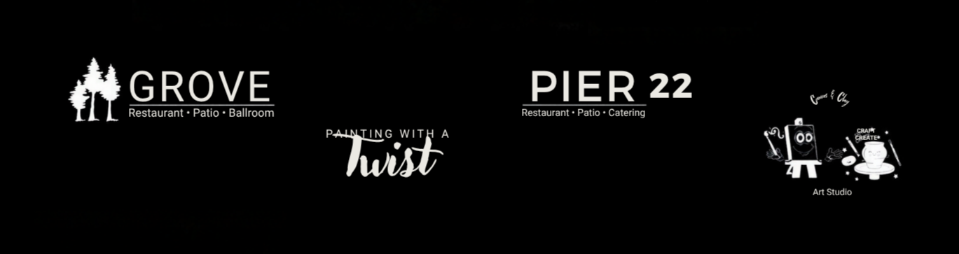 Black banner promoting Grove and Pier 22 restaurants and event spaces, with text about painting with a twist and an art studio illustration.