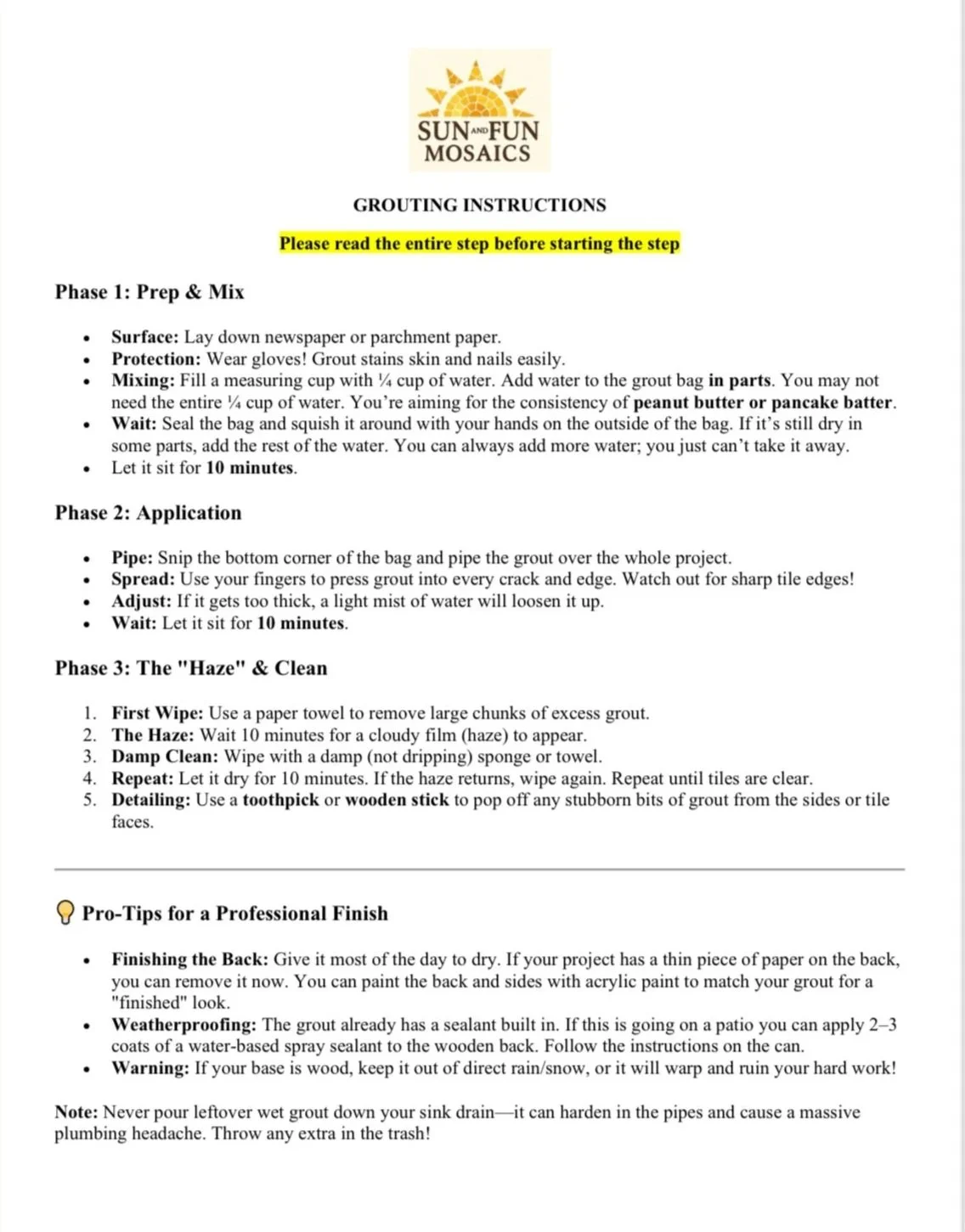 Instruction sheet titled 'Sun and Fun Mosaics' with steps for creating mosaic tiles, including preparation, application, and finishing tips.
