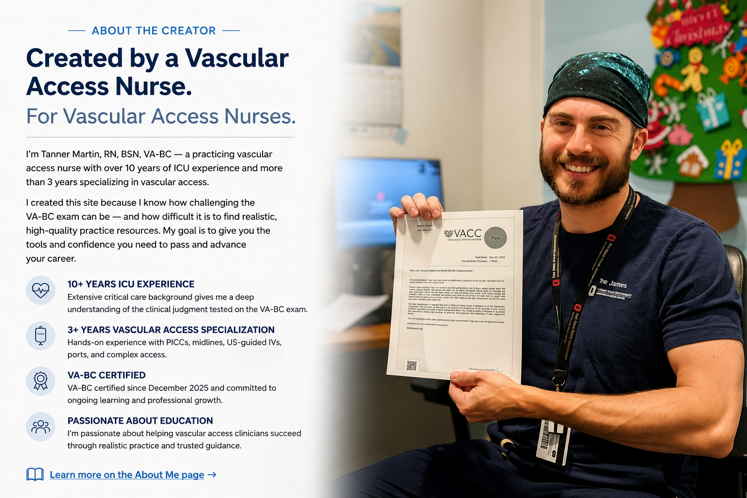 A smiling man wearing a black medical cap and navy scrubs holding a certificate of VA-BC certification, seated in an office with a festive holiday decoration on the wall behind him.