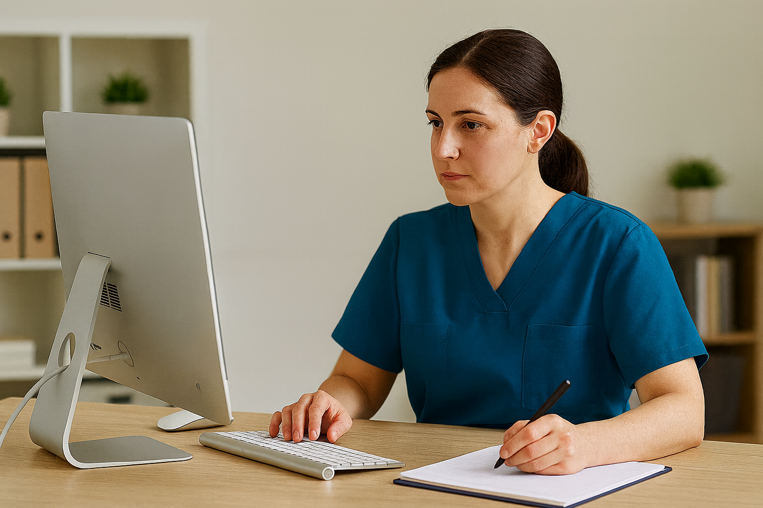 A female healthcare worker in blue scrubs sitting at a desk with a computer, taking notes in a notebook.