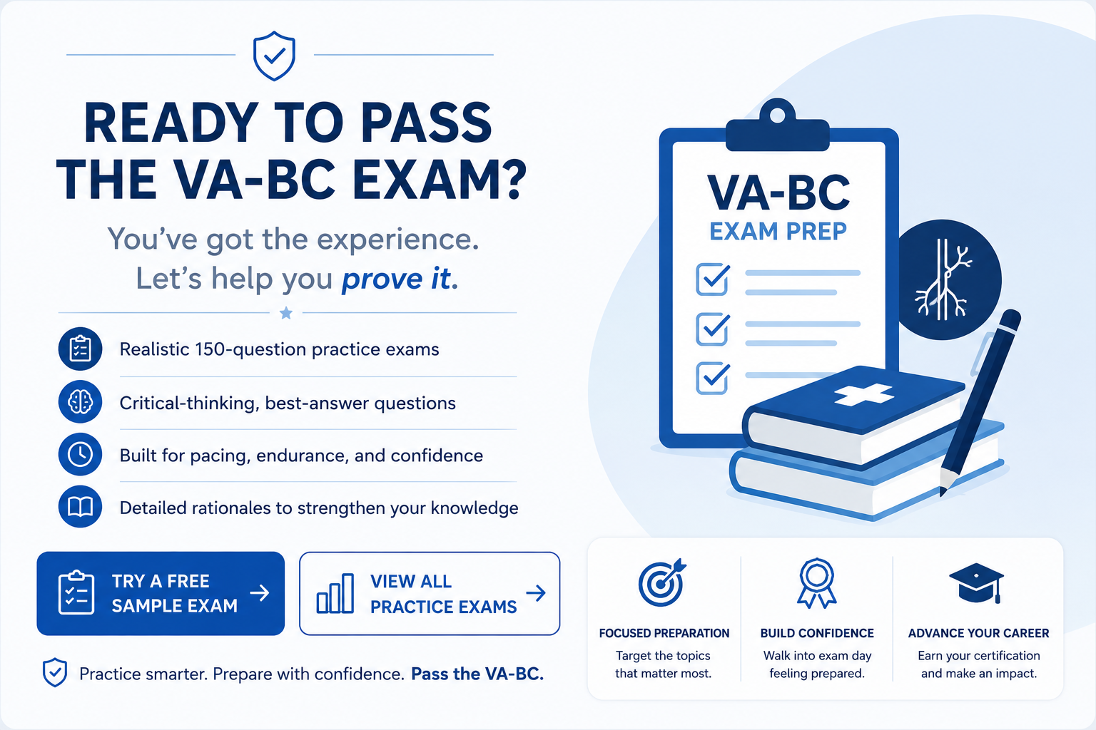 An advertisement for VA-BC exam prep with a blue and white color scheme. It features text emphasizing practice exams, critical thinking, pacing, and knowledge building. Icons of a clipboard, brain, clock, and book are included. The ad offers free sample exams, practice exams, and highlights benefits such as focused preparation, confidence building, and career advancement.