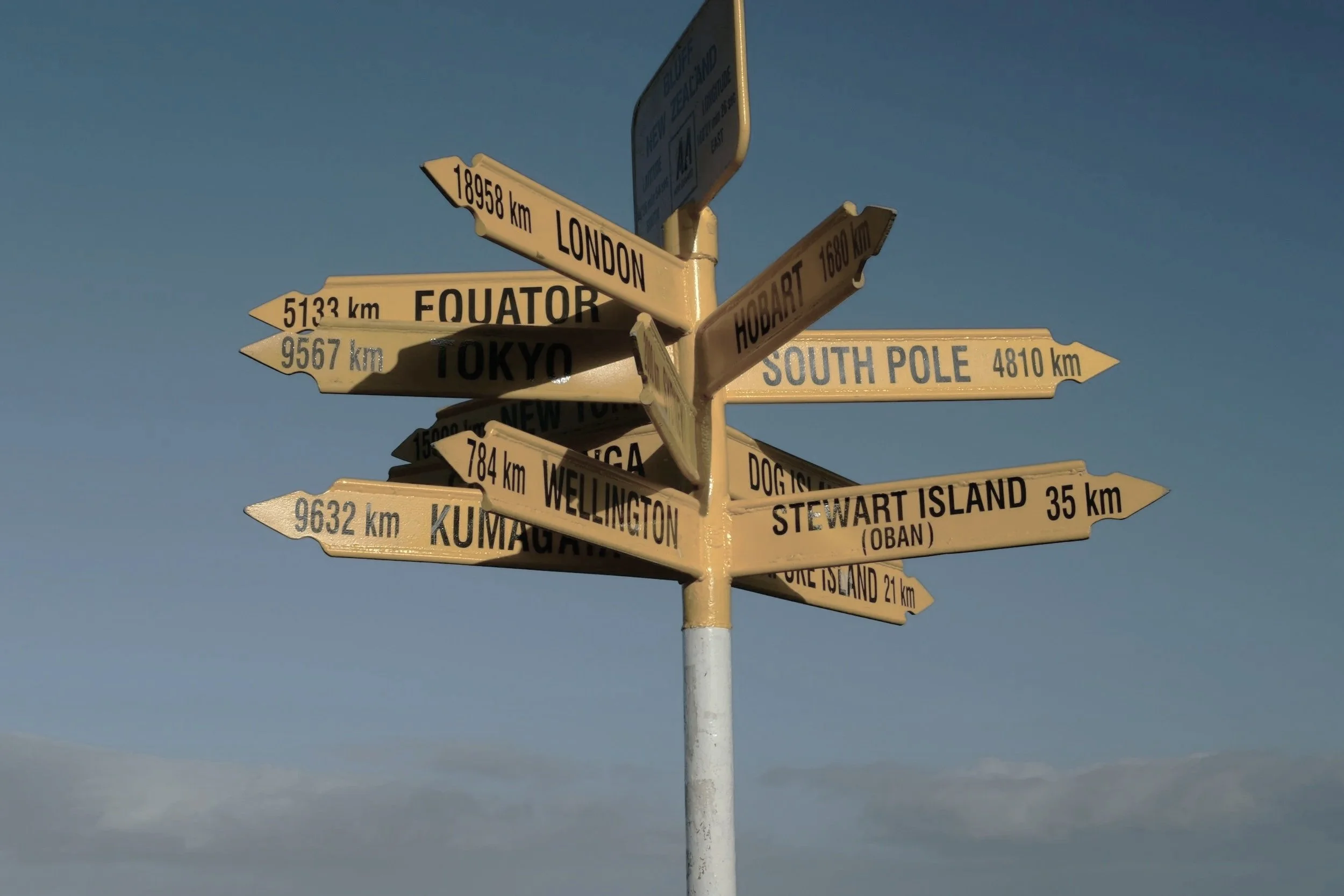 Ein Wegweiser mit mehreren Pfeilen, die zu verschiedenen Orten zeigen, darunter London, Quito, Hobart, Südpol, Wellington, Kumamoto, Stewart Island und andere, mit Entfernungsangaben in Kilometern.