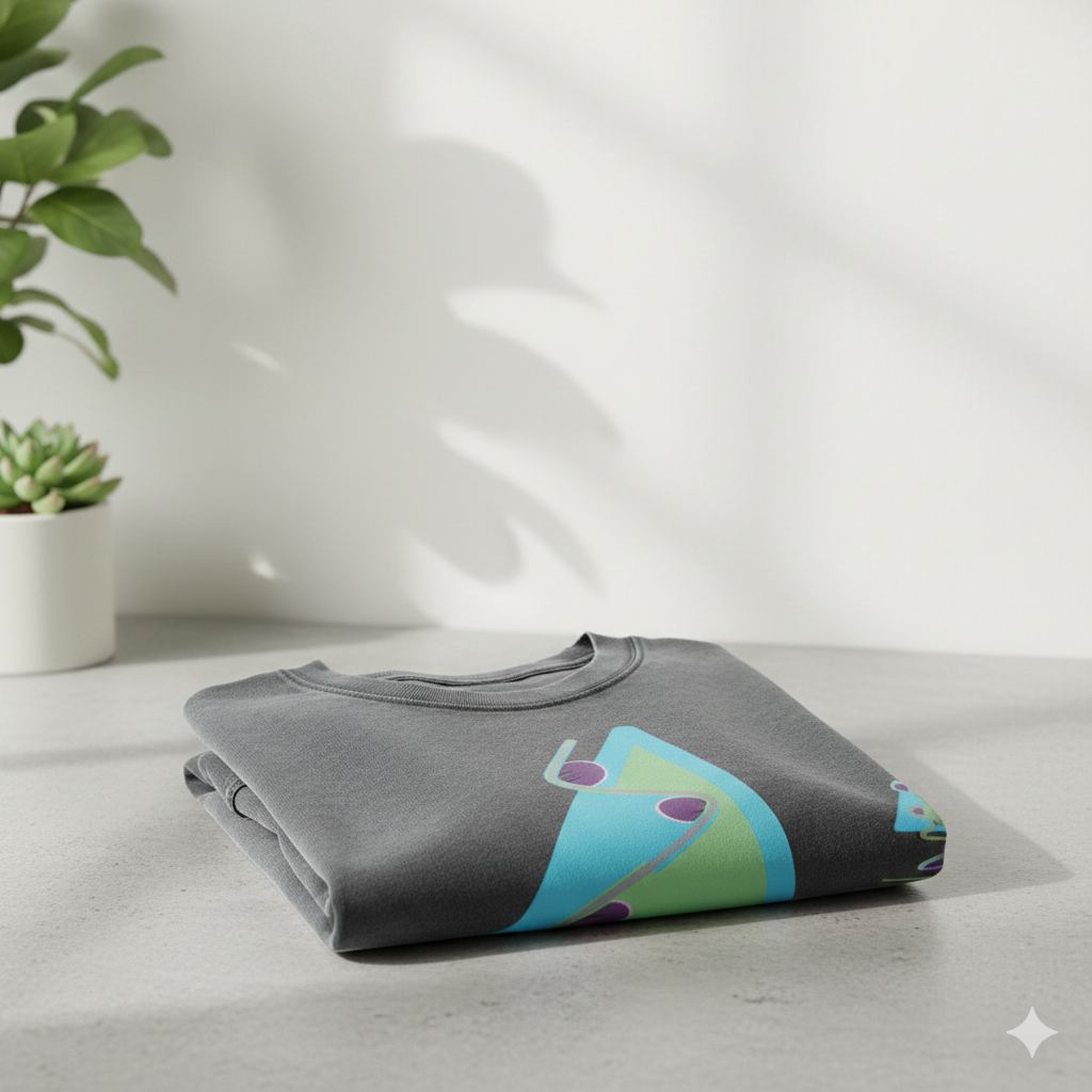 Gray T-shirt with a skateboard graphic on it, folded and placed on a white surface, with a shadow of a plant on the white wall behind.