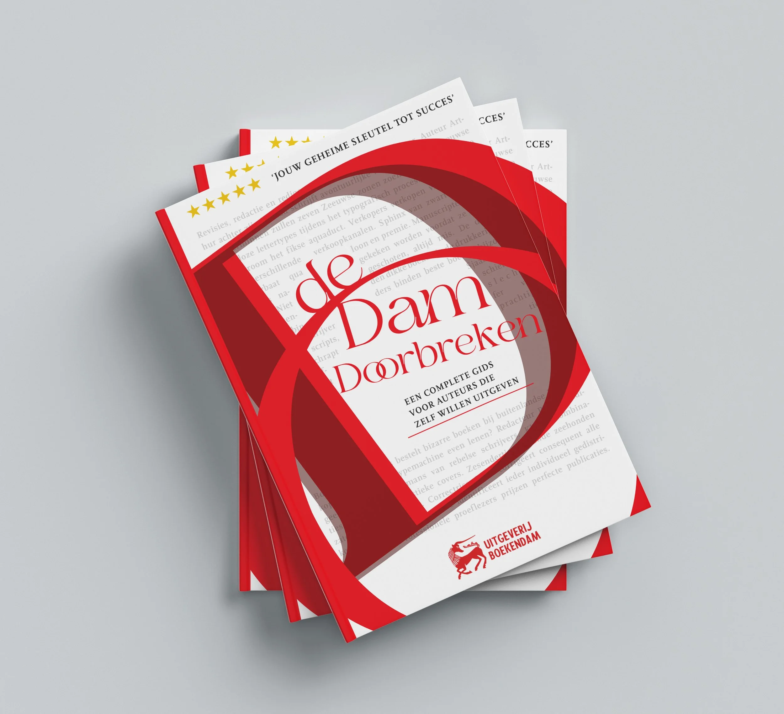 Brochure met rode en witte kleuren, titel 'De Damdoorbreken', en een open boek met een cirkelvormig ontwerp. Logo onderaan met draak en tekst 'Uitgeverij Boekendam'.