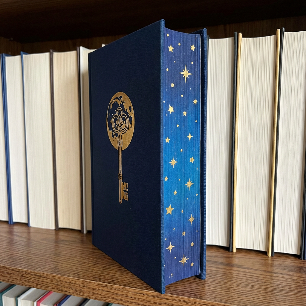 Boek met een donkerblauwe kaft met een gouden sleutel en sterren op de zijkant, op een boekenplank.