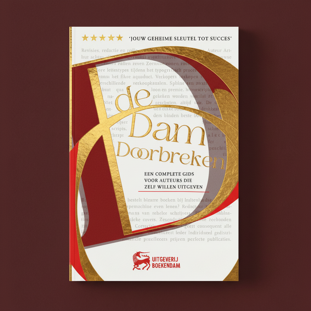 Een boek met de titel 'de Dam Doorbreken' op de voorkant, uitgegeven door Uitgeverij BoekenDam. Het is een gids voor auteurs die zelf willen uitgeven, met een rood, wit, goud en zwart gekleurd ontwerp.