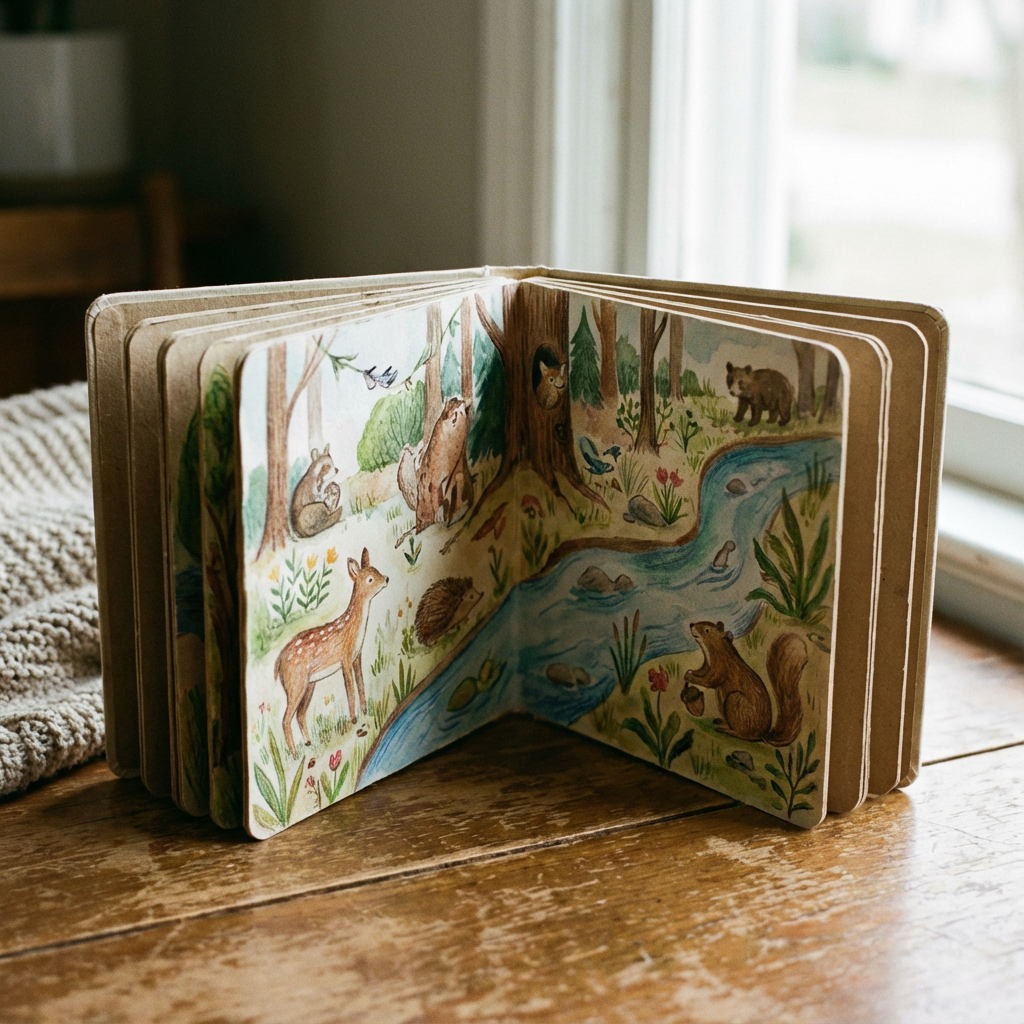 Gekleurd kartonboek met bosdieren, zoals herten, beren, vogels en egels, op een houten tafel bij een raam.