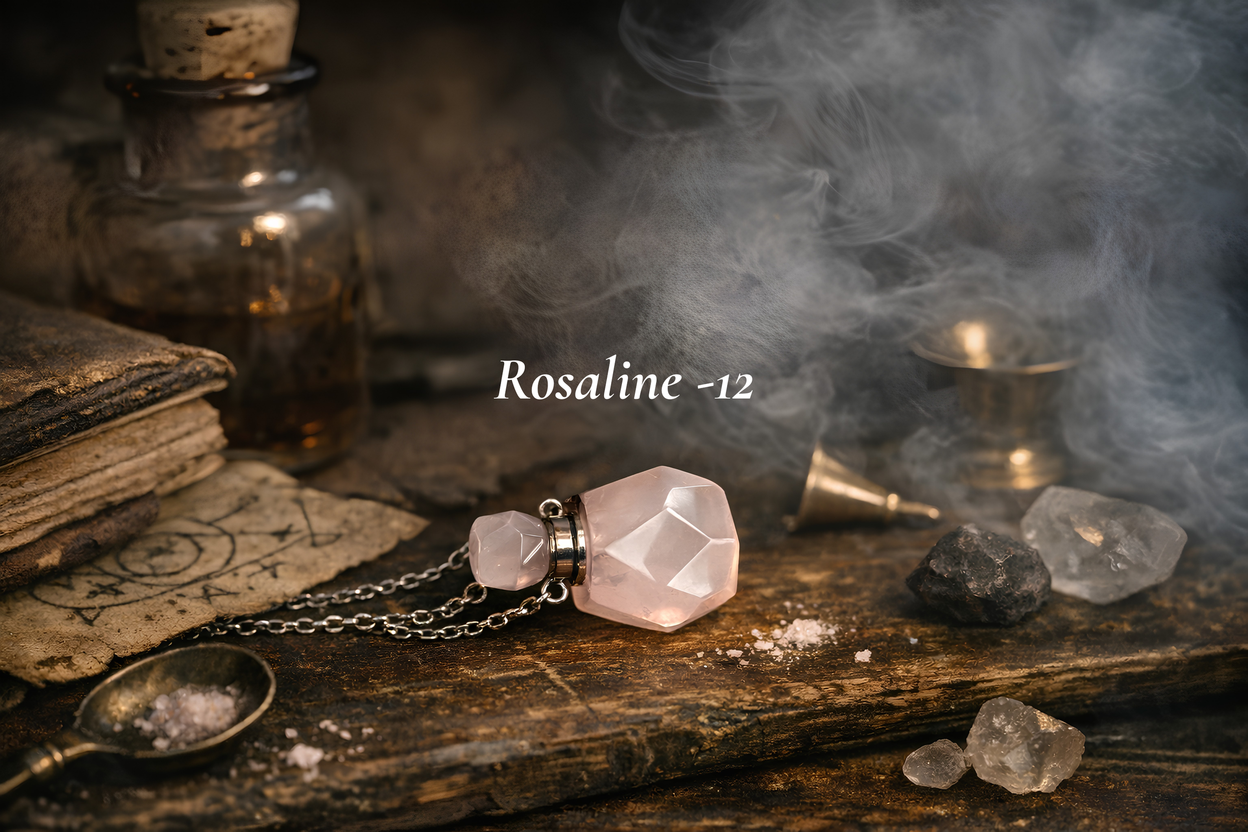 12 Rosaline - Collier en acier, micro‑bouteille de quartz rose. Fiole de lumière, douceur suspendue.