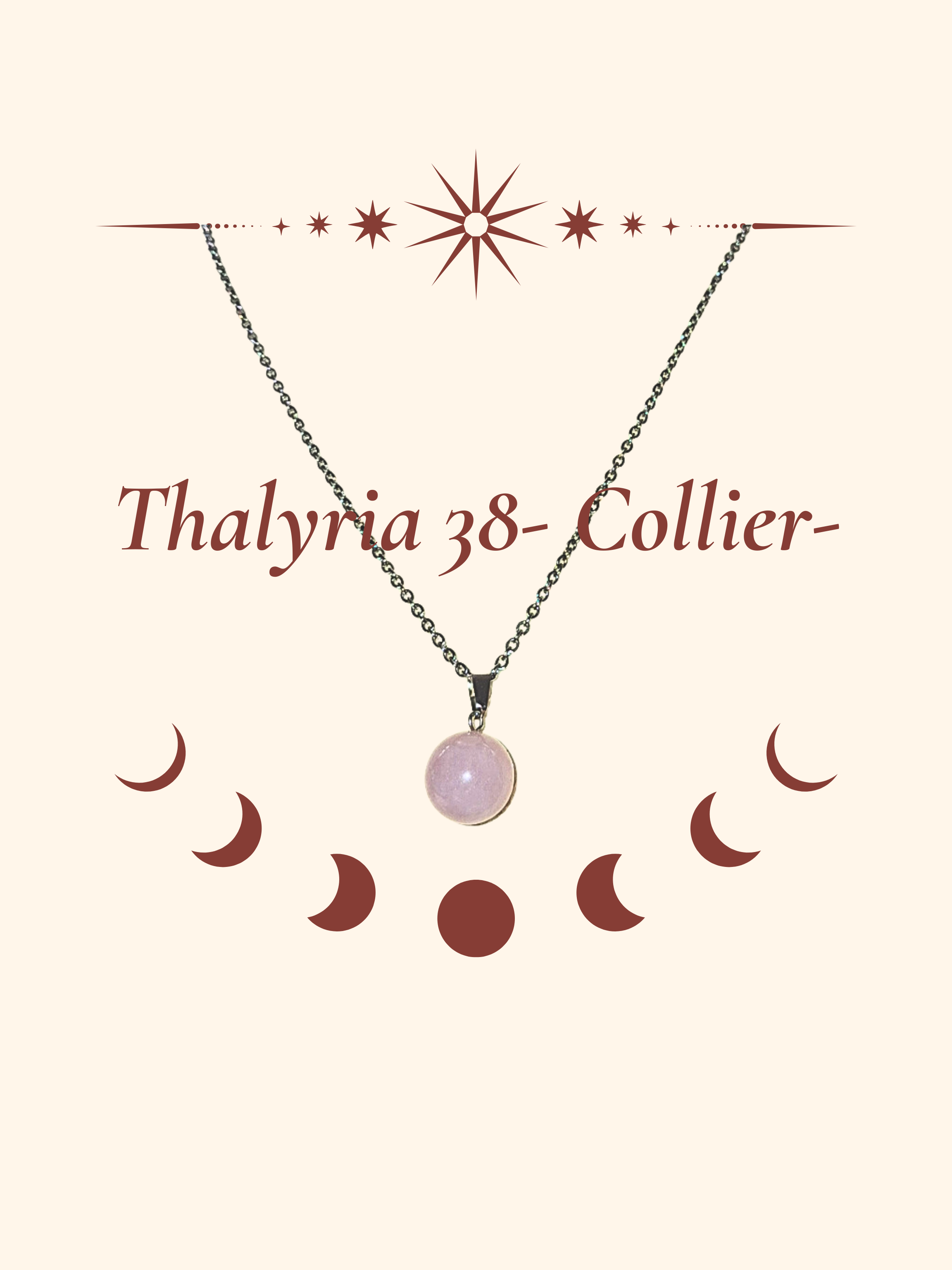 38 Thalyria - collier est une perle de quartz rose suspendue à une chaîne d’acier : un éclat tendre, pur et apaisant, comme une lumière d’âme.