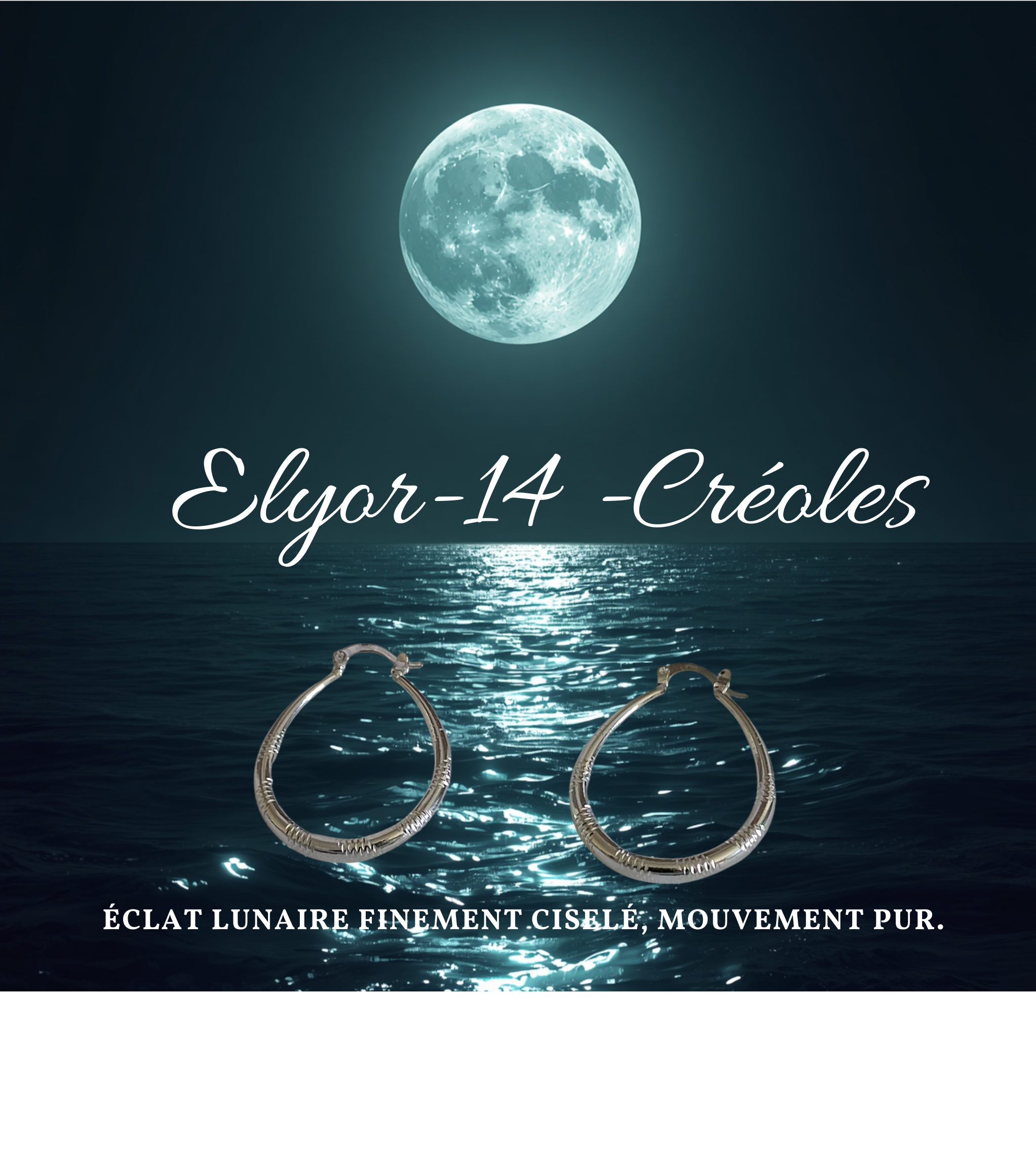 14 Elyor- Boucles d'oreilles -Créoles ovales en argent. Éclat lunaire finement ciselé, mouvement pur.