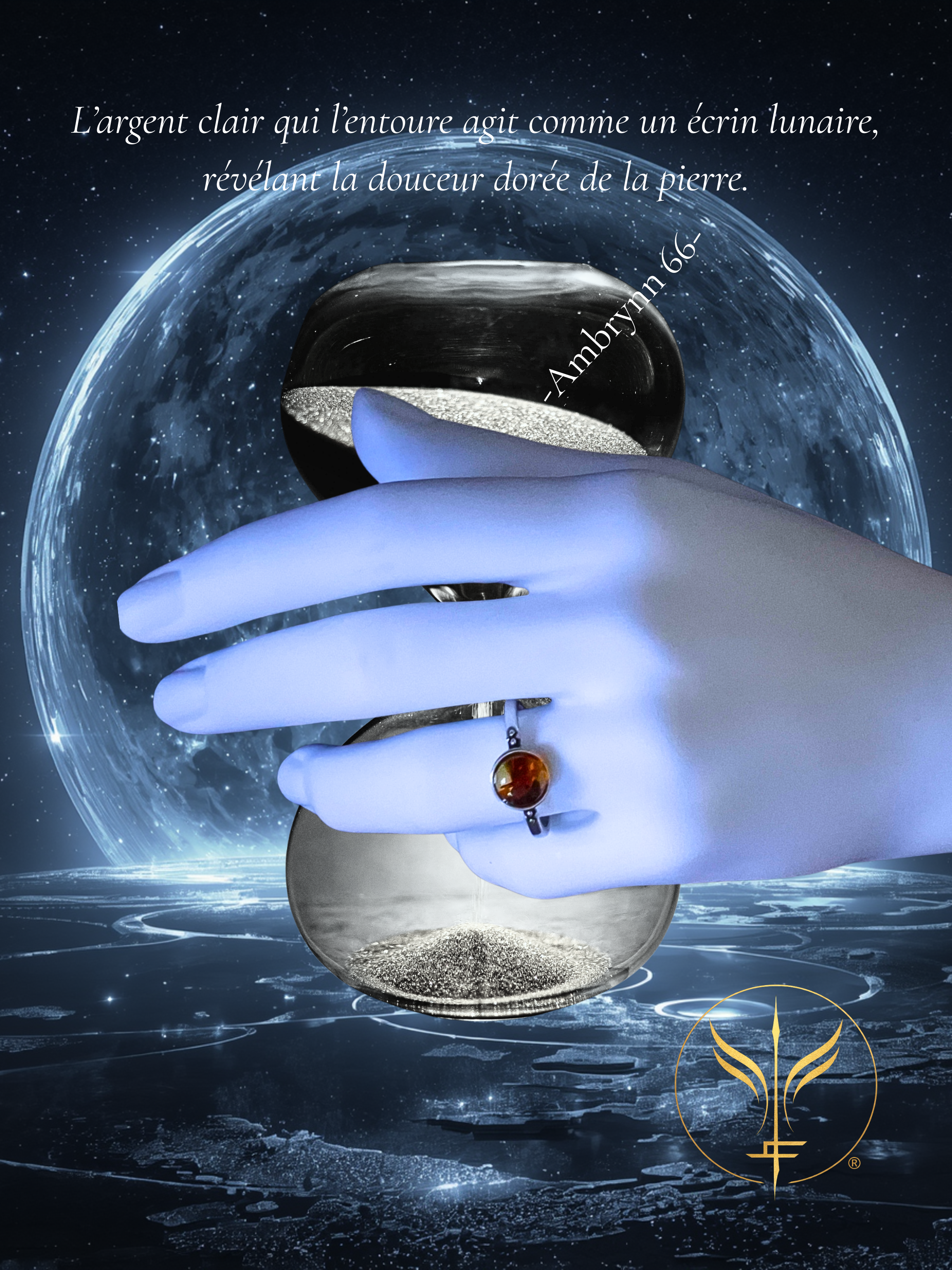 66 Bague en Ambre et Argent T9.5-Ambrynn  — La Résine des Âges : Bague en argent sertie d’ambre ovale. Une pièce lumineuse, chaude et intemporelle.