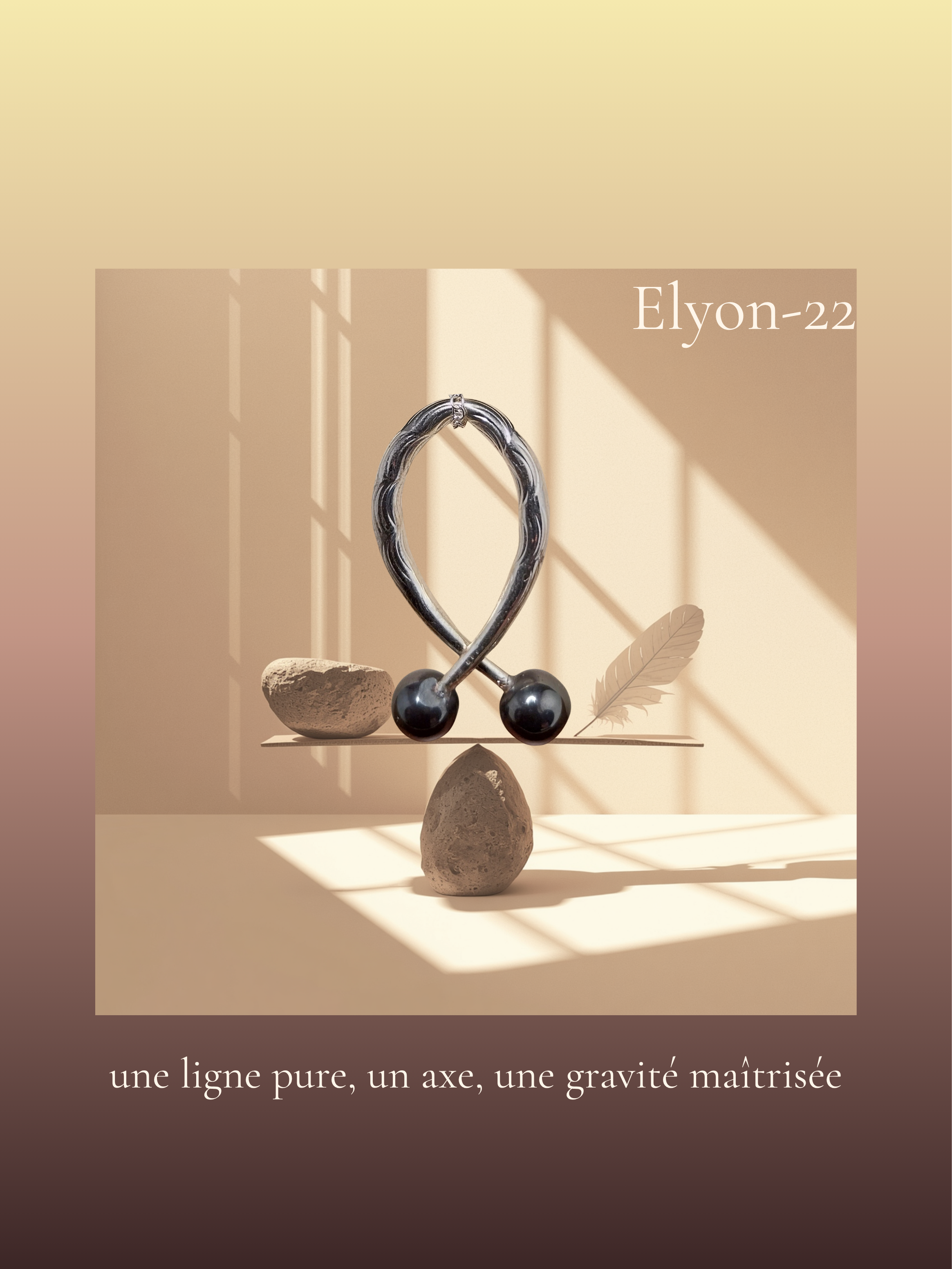 22 Elyon- collier avec 2 hématites 8mm montées sur noeud en acier inox. ciselé. Équilibre minéral, tension lumineuse.