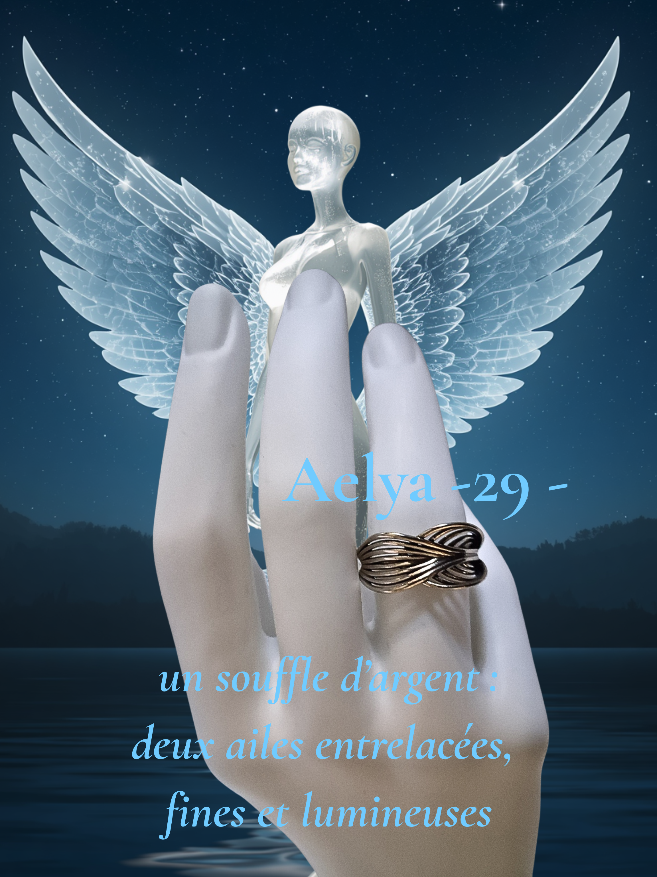 29 Aelya  -Bague ouverte T. 7.5+, un souffle d’acier : deux ailes entrelacées, fines et lumineuses, qui se posent sur le doigt comme un élan de liberté.